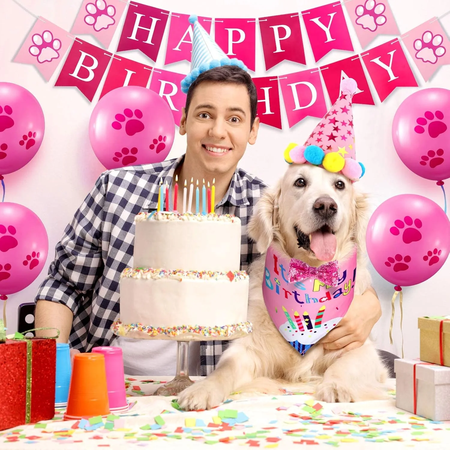 ست کلاه و دستمال گردن تولد سگ KASTWAVE، دستمال گردن تولد سگ، یقه پاپیونی درخشان سگ، بنر تولدت مبارک سگ و 10 عدد بادکنک 12 اینچی با طرح پنجه به همراه نوار برای سگ خانگی (صورتی) ست کلاه و دستمال گردن تولد سگ KASTWAVE، دستمال گردن تولد سگ، یقه پاپیونی درخشان سگ، بنر تولدت مبارک سگ و 10 عدد بادکنک 12 اینچی با طرح پنجه به همراه نوار برای سگ خانگی (صورتی)