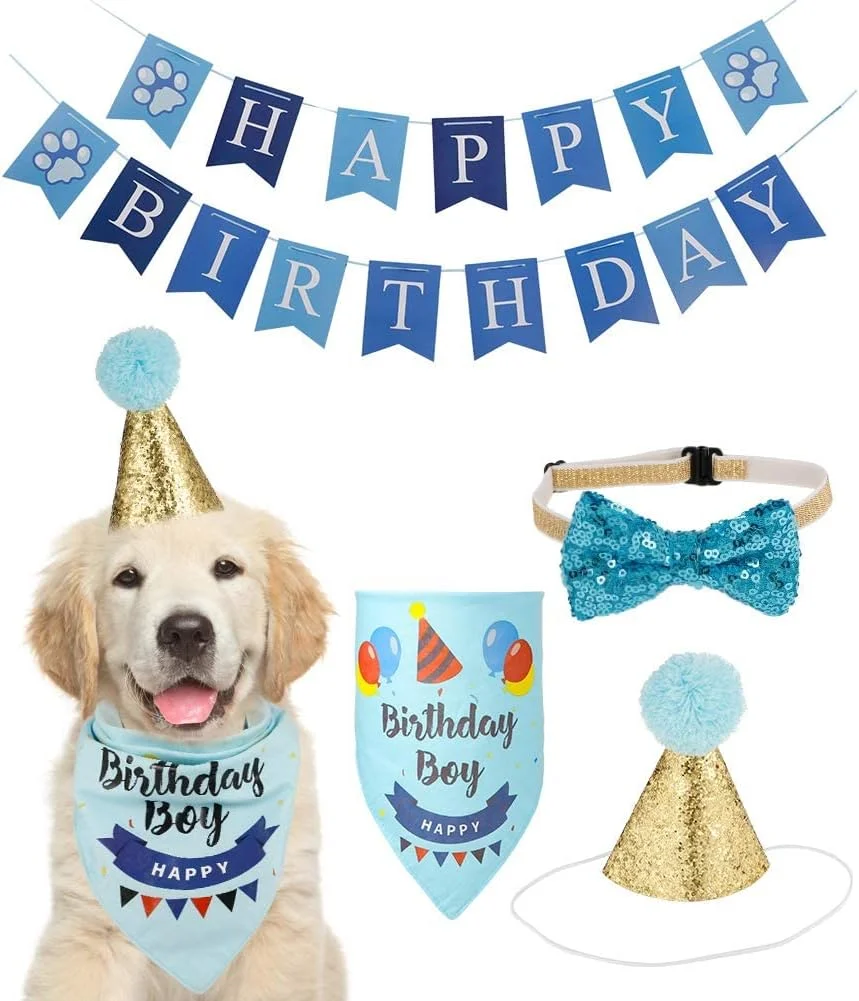 دستمال گردن تولد سگ KASTWAVE، روسری پاپیونی زیبا با کلاه مهمانی تولد سگ و بنر تولدت مبارک برای تزئین تولد سگ یا توله سگ