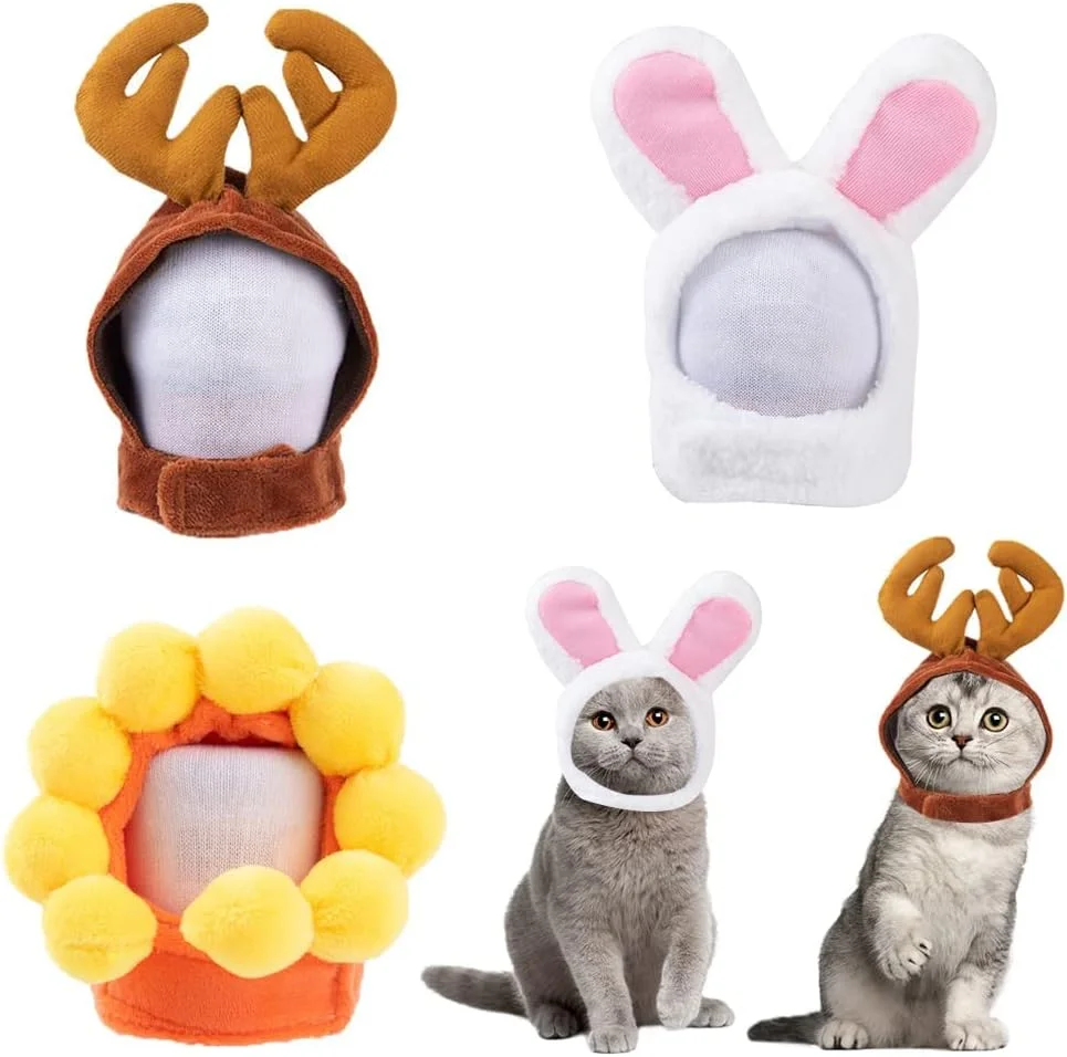 کلاه حیوانات خانگی KASTWAVE، 3 عدد، شامل کلاه خرگوشی بامزه، کلاه آفتابگردان و کلاه شاخ گوزن کریسمس، مناسب برای گربه ها و سگ های کوچک، مناسب استفاده روزانه یا مهمانی