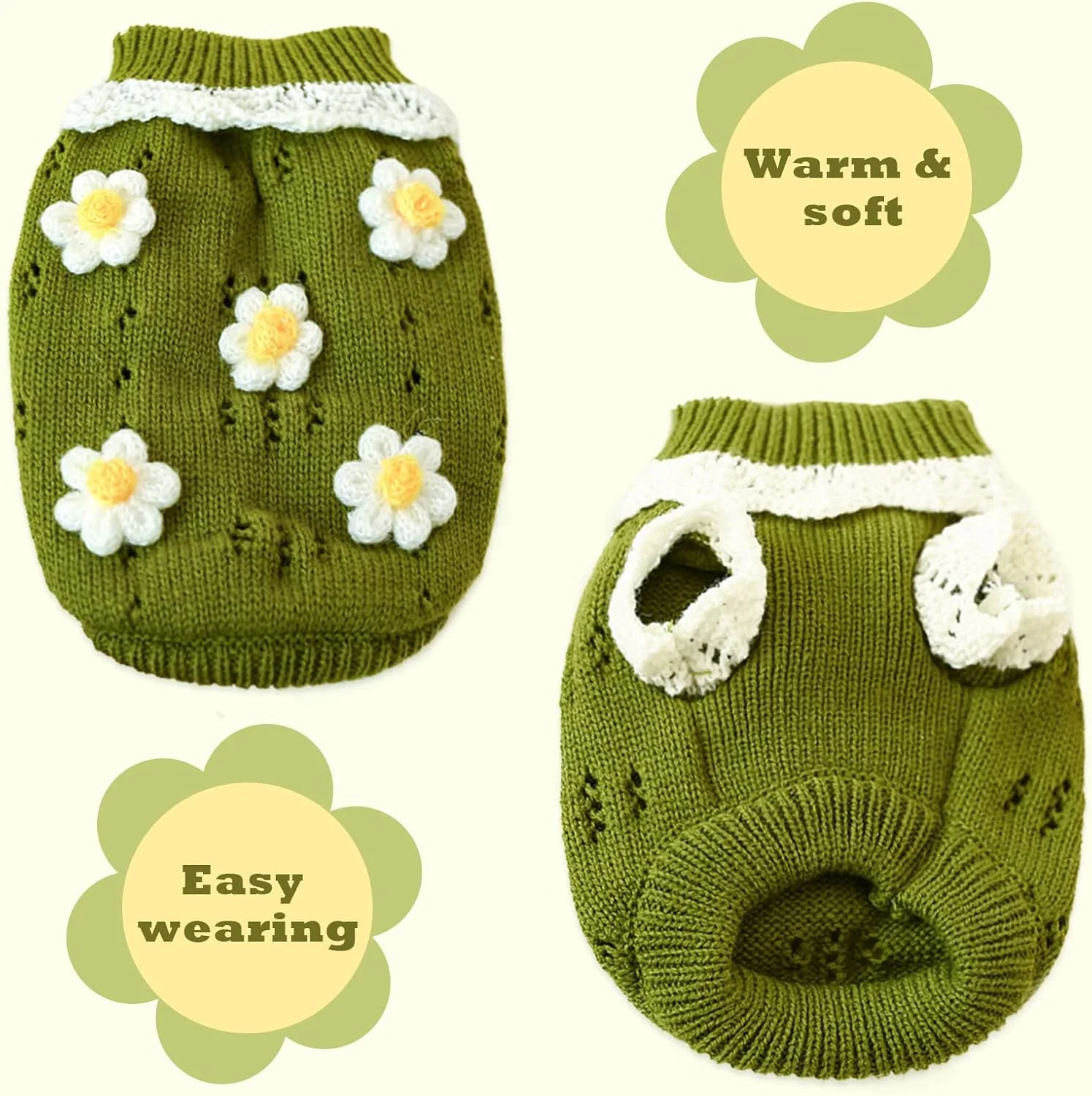 پلیور بافتنی یقه اسکی سگ با طرح گل گرم KASTWAVE، مناسب سگ های کوچک و متوسط، هودی راحت برای هوای سرد