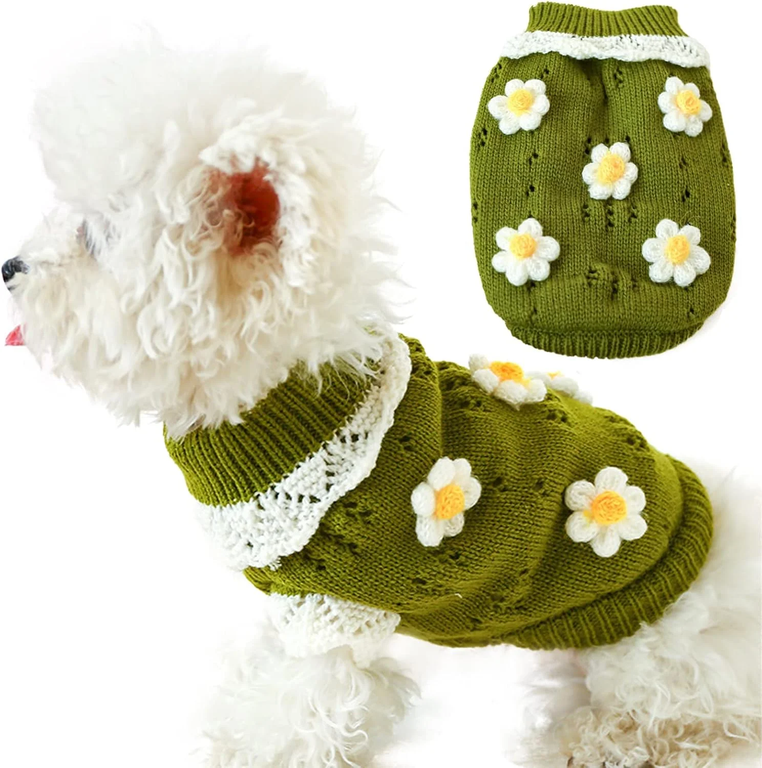 پلیور بافتنی یقه اسکی طرح گل گرم KASTWAVE برای سگ های کوچک و متوسط، هودی راحت برای هوای سرد
