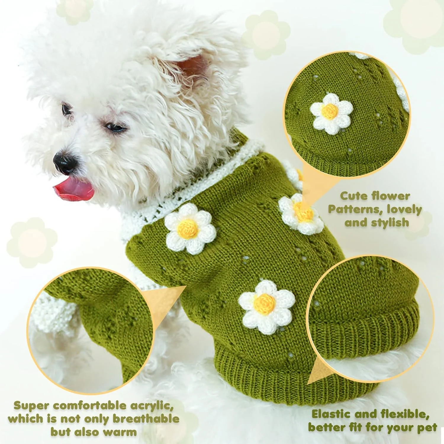 پلیور سگ KASTWAVE، ژاکت بافتنی گرم یقه اسکی، لباس گرم بیرونی مناسب آب و هوای سرد برای سگ های کوچک و متوسط، هودی و پلیور طرح گل زیبا برای توله سگ (مناسب وزن 2 تا 3 کیلوگرم)