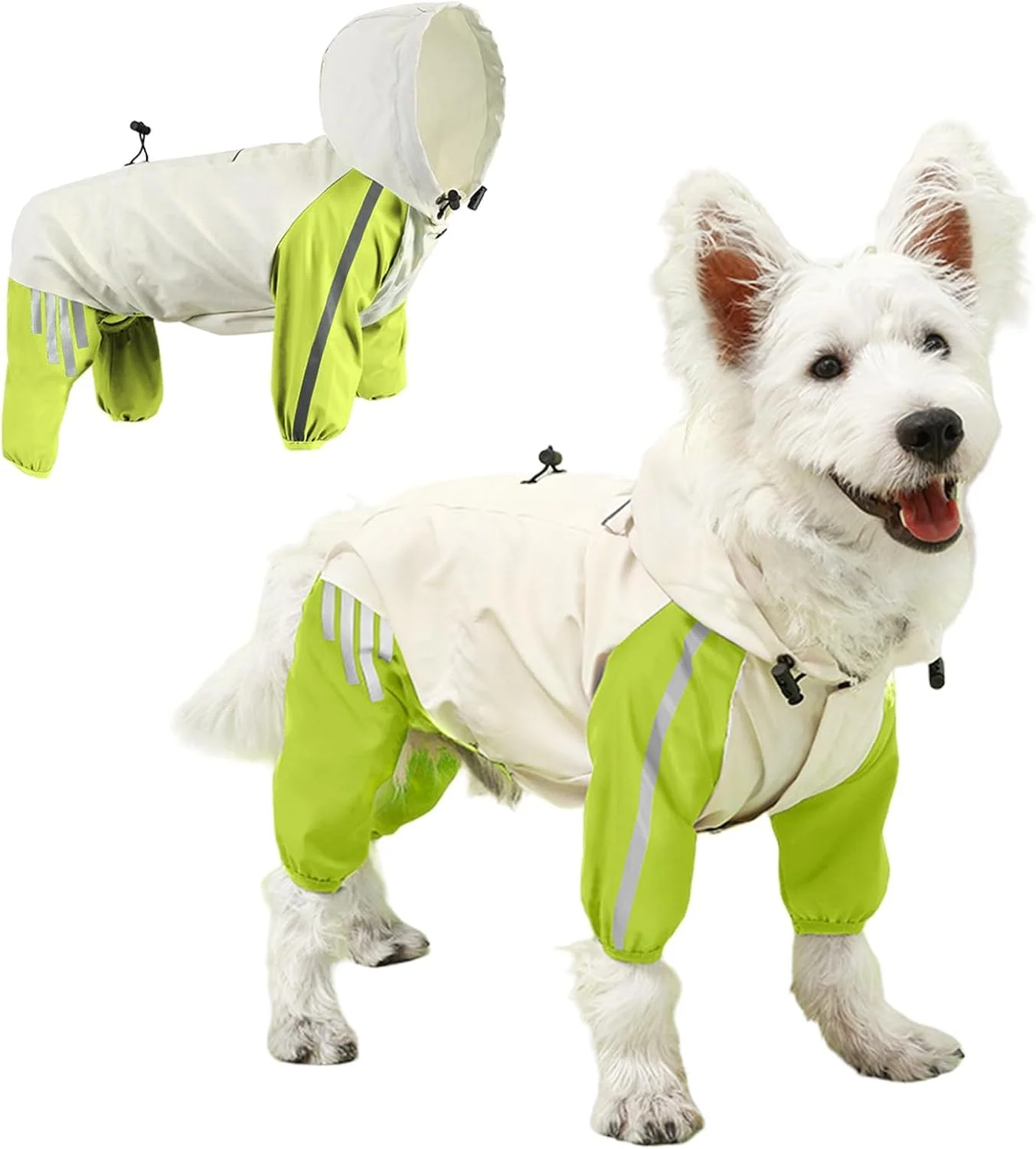 بارانی ضد آب سگ KASTWAVE به رنگ سبز - ژاکت ایمنی تنفسی و بازتابنده با بند کشی قابل تنظیم و دسترسی به قلاده برای سگ های کوچک تا متوسط، سایز L