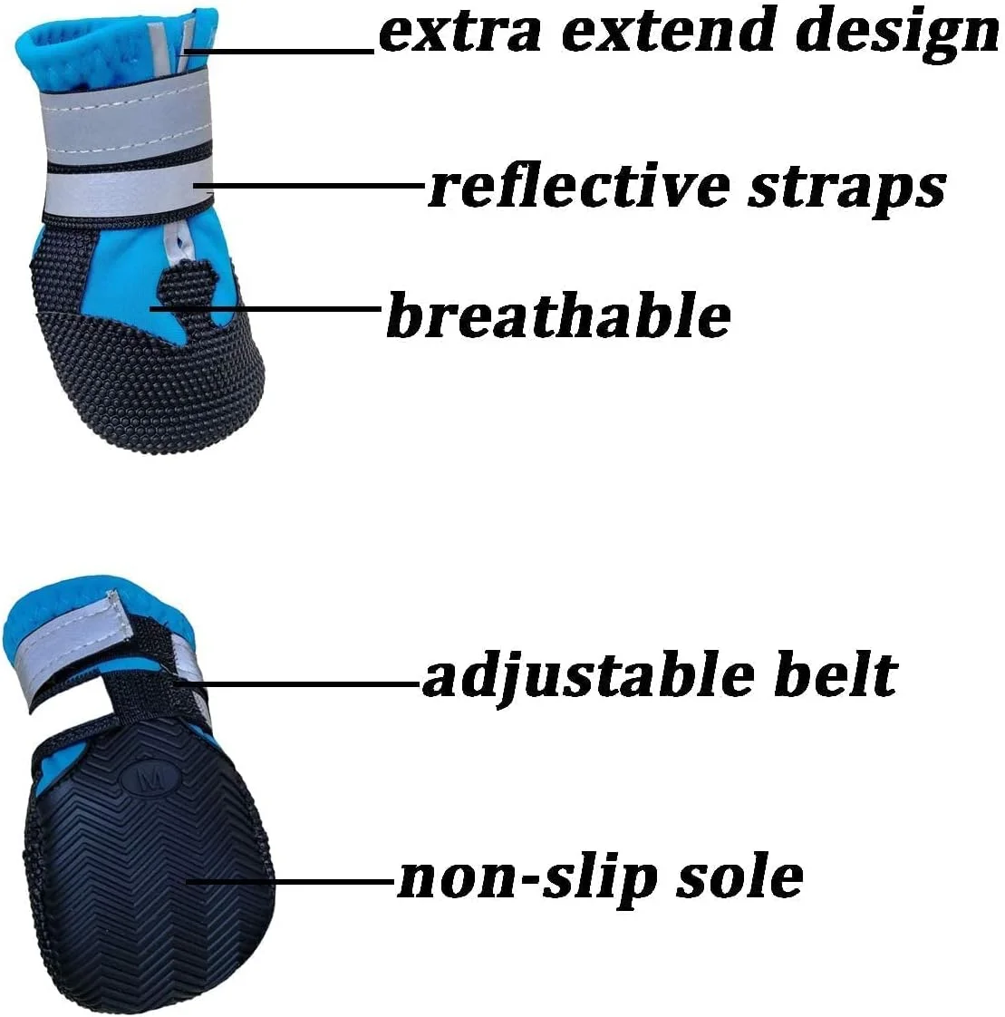 کفش سگ KASTWAVE، چکمه سگ برای پاهای آسیب دیده ضد آب، مجموعه 4 عددی چکمه پیاده روی سگ محافظ پنجه سگ با بندهای بازتابنده قابل تنظیم و زیره ضد لغزش برای سگ های کوچک متوسط بزرگ (آبی)