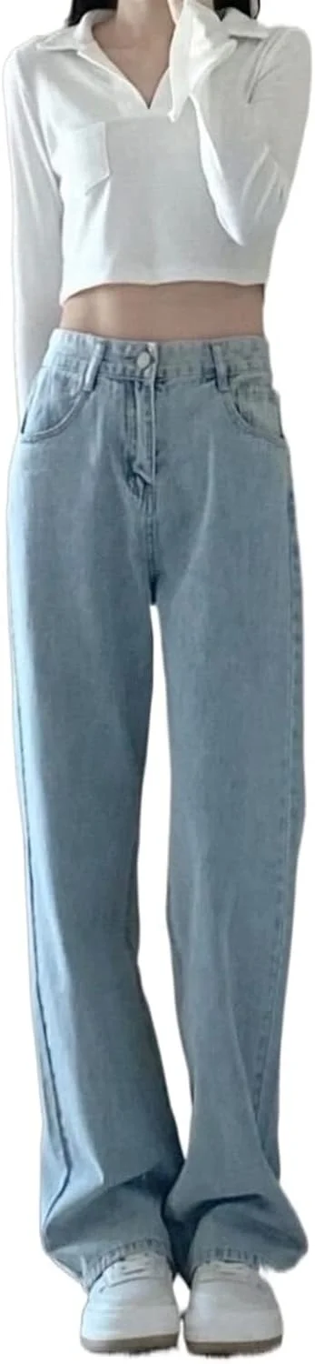 شلوار حرفه ای زنانه، شلوار جین راسته رنگ ثابت، شلوار جین گشاد با کمر بلند و پاچه پهن (Hortel, Large)