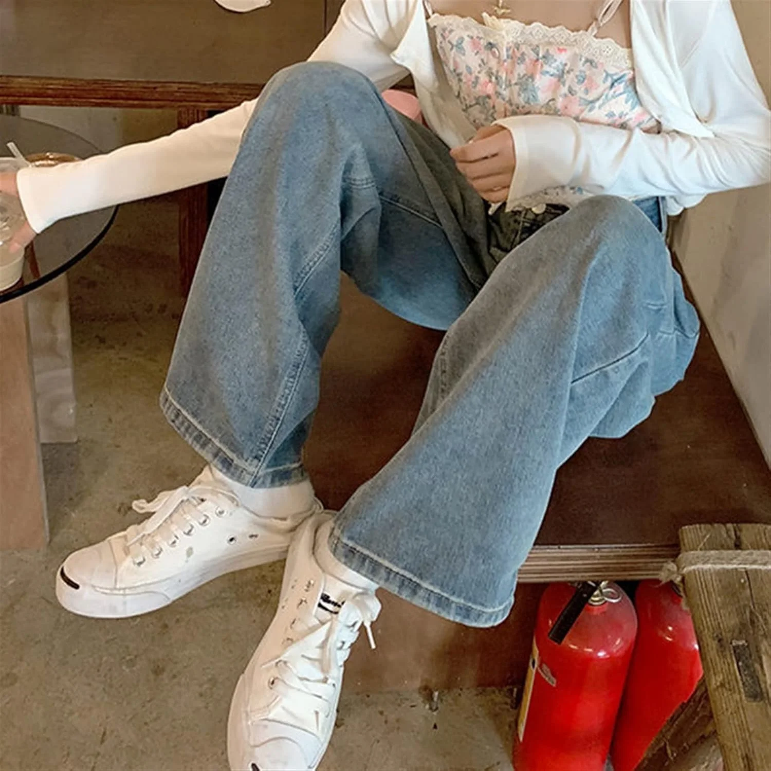 شلوار حرفه ای KAKBXFU آبی رترو کمر بلند جین بگ گشاد زنانه پاییز جیب پاچه گشاد شلوار جین زنانه لباس خیابانی شلوار راسته آزاد (S)