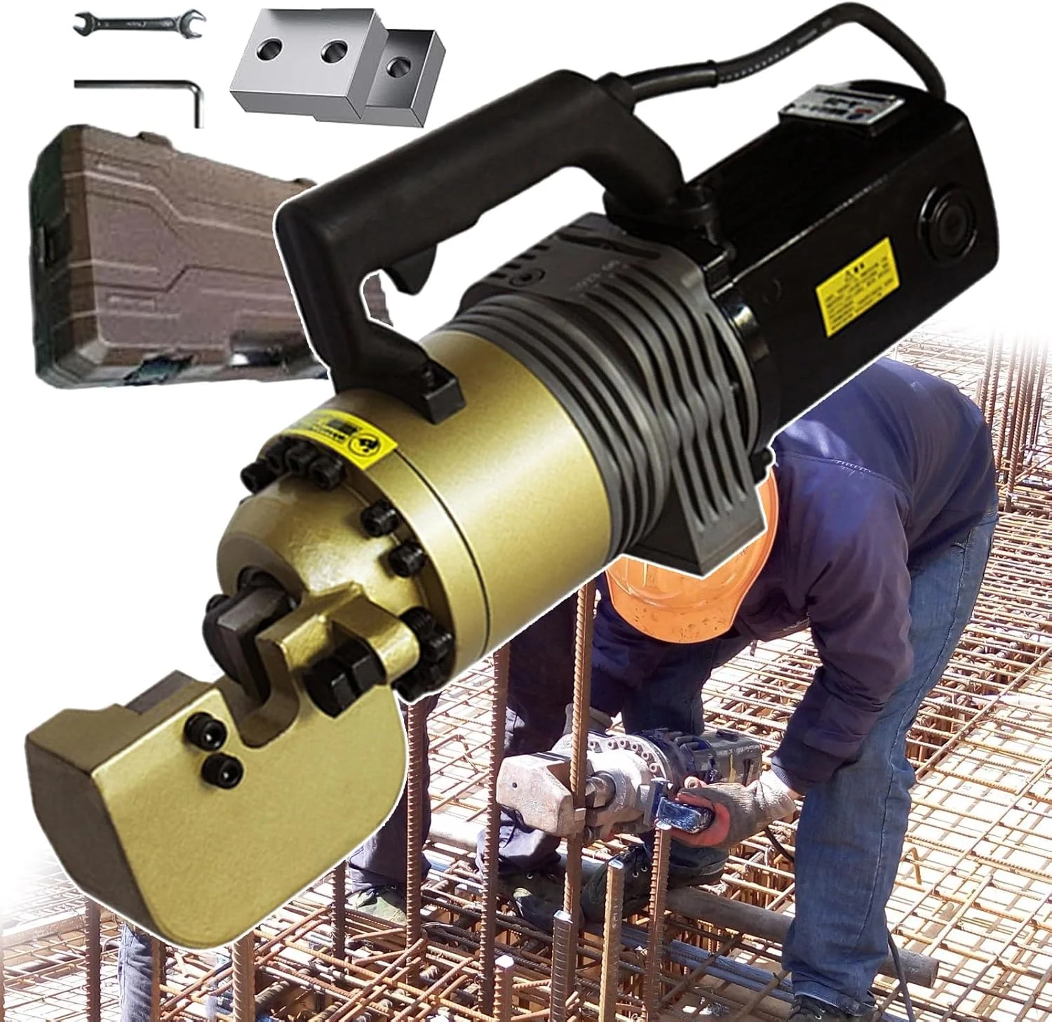 دستگاه برش میلگرد برقی، مفتول‌بر هیدرولیک، دستگاه برش میلگرد برقی با 2 تیغه برش، 2 آچار ابزار، 1 جعبه ابزار، دستگاه برش میلگرد دستی 1800 وات