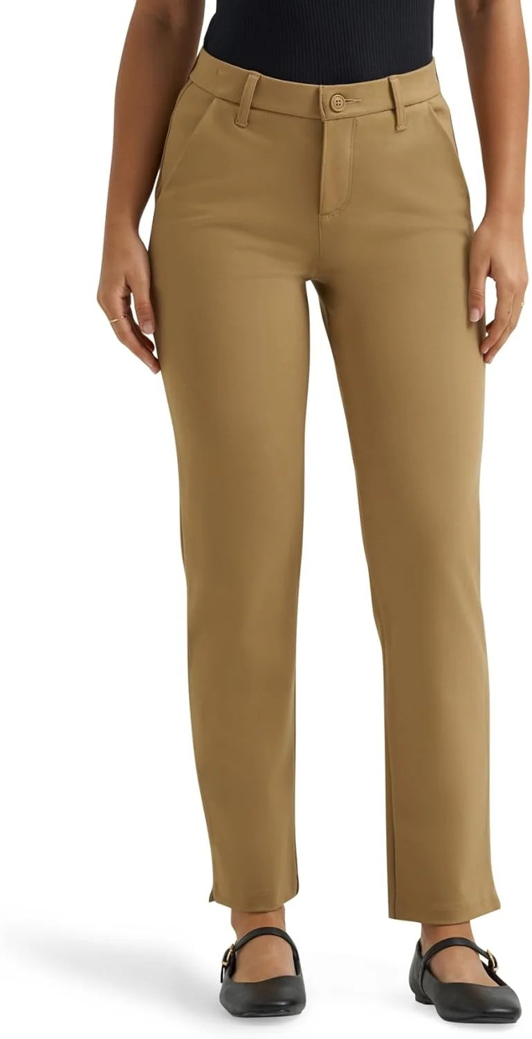 شلوار کتان زنانه لی، فوق العاده راحت، دارای تهویه جانبی در قسمت مچ پا، خاکی، سایز 16 کوتاه