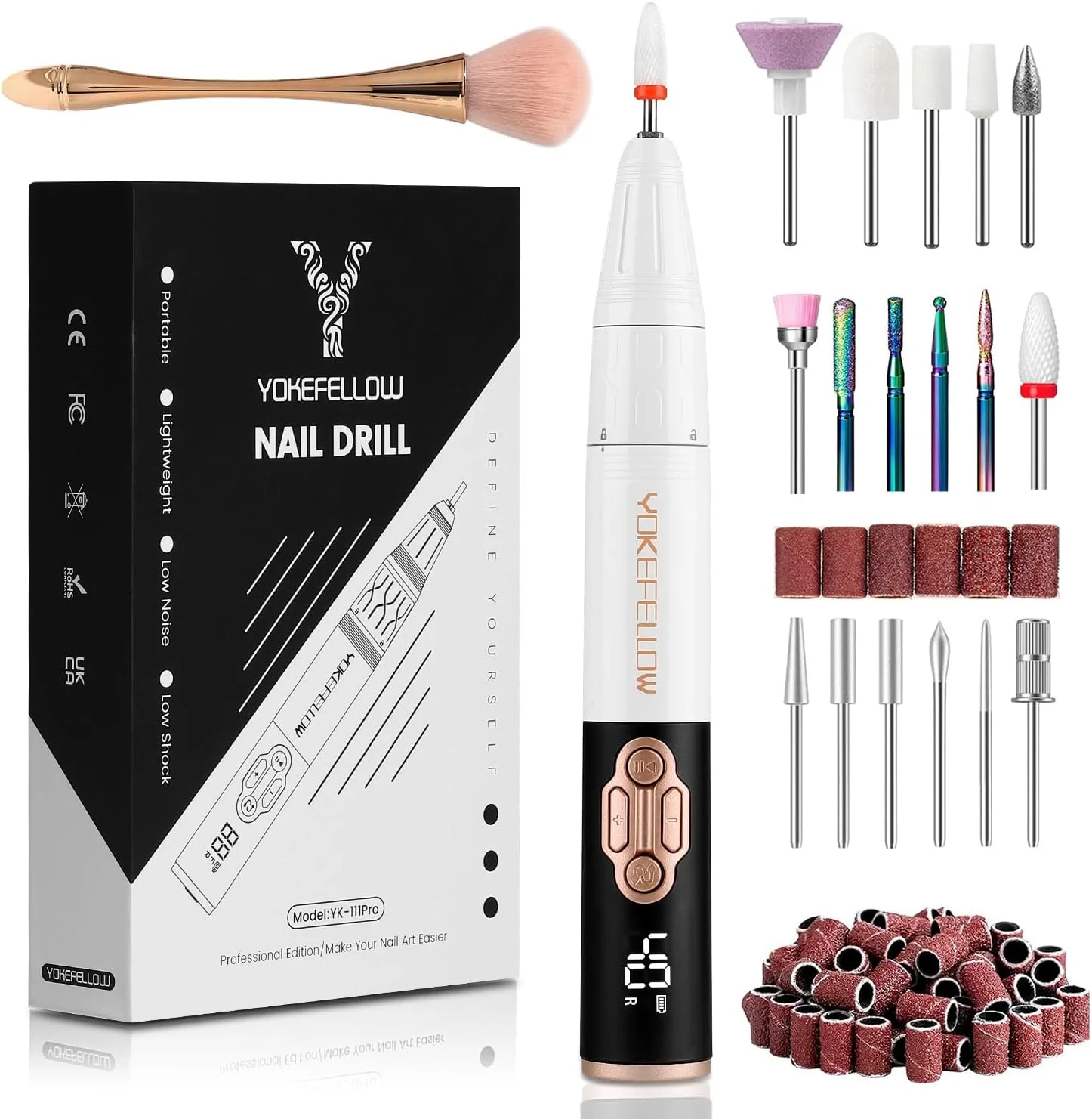دستگاه سوهان برقی ناخن YOKE FELLOW - 40000 دور در دقیقه، سوهان برقی قابل حمل برای ناخن های اکریلیک، سوهان برقی حرفه ای بی سیم با 17 سر سوهان برای سالن ناخن