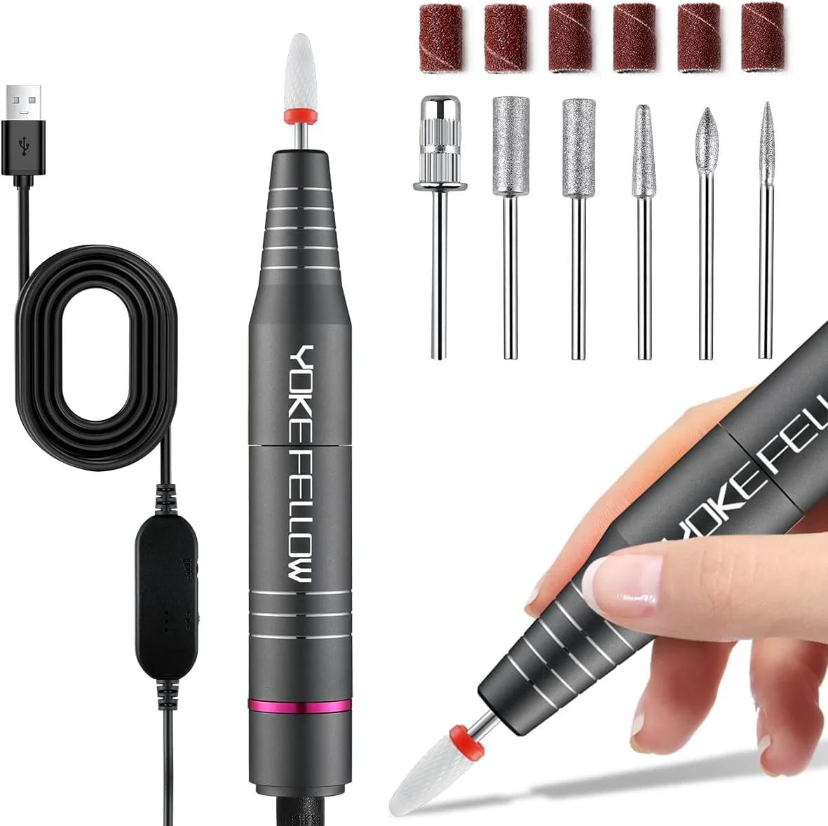 دستگاه سوهان برقی قابل حمل YOKEFELLOW، سوهان برقی حرفه ای USB 30000 دور در دقیقه، ابزار پولیش ناخن برقی برای مانیکور، مناسب برای از بین بردن پوست های مرده، ناخن های اکریلیک و ژلی، کیت دستگاه پدیکور خاکستری