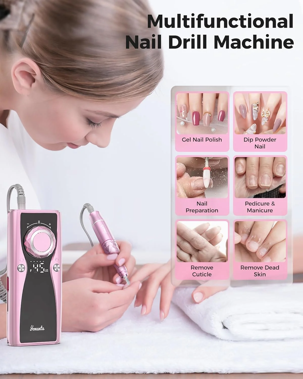 ست حرفه ای سوهان برقی ناخن: ۳۵۰۰۰ دور در دقیقه، قابل شارژ با USB، سوهان برقی ناخن به همراه ۱۲ سری برای پولیش ناخن های ژلی/اکریلیک - ست ابزار مانیکور قابل حمل برای سالن/خانه - صورتی