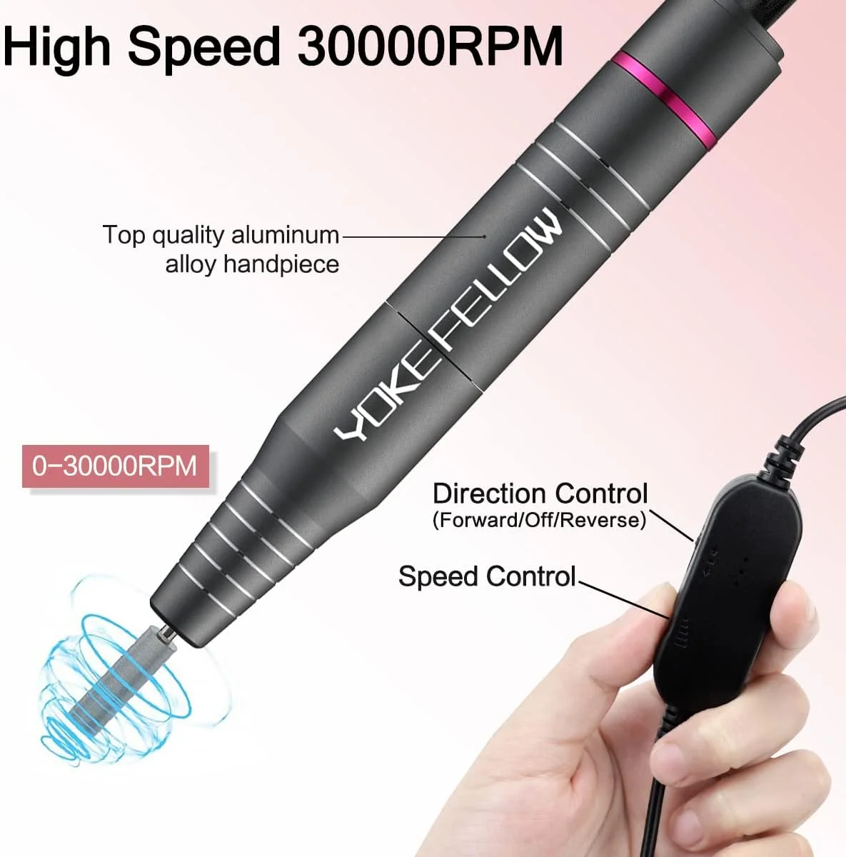 دستگاه سوهان برقی قابل حمل YOKEFELLOW، سوهان برقی حرفه ای USB 30000 دور در دقیقه، ابزار پولیش ناخن برقی برای مانیکور، مناسب برای از بین بردن پوست های مرده، ناخن های اکریلیک و ژلی، کیت دستگاه پدیکور خاکستری