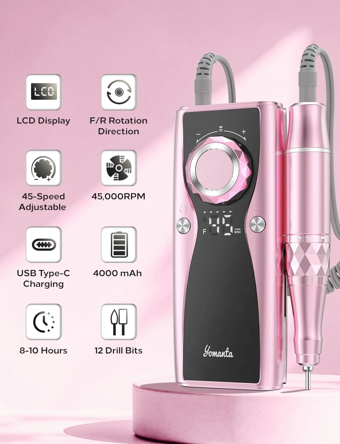 ست حرفه ای سوهان برقی ناخن: ۳۵۰۰۰ دور در دقیقه، قابل شارژ با USB، سوهان برقی ناخن به همراه ۱۲ سری برای پولیش ناخن های ژلی/اکریلیک - ست ابزار مانیکور قابل حمل برای سالن/خانه - صورتی