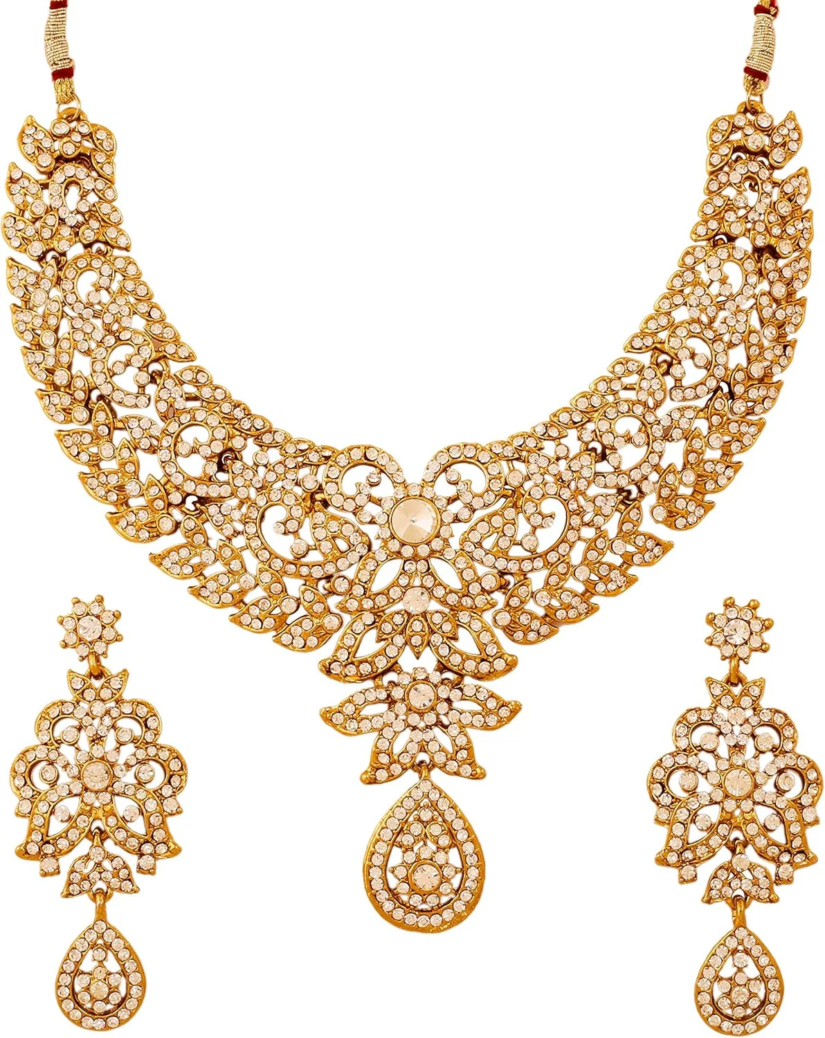 ست گردنبند مجلسی زنانه تاچ استون با نگین های درخشان، طرح هندی رویال هالیوودی، رنگ طلایی