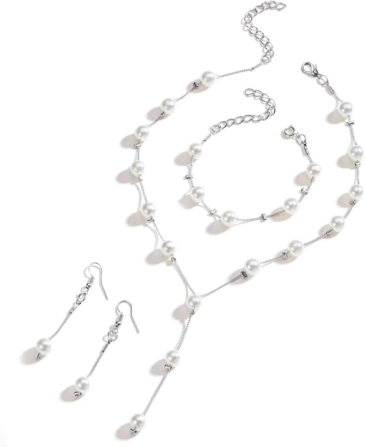 ست جواهرات زنانه شامل گردنبند، گوشواره و دستبند مرواریدی با طراحی شیک و جدید - روکش نقره