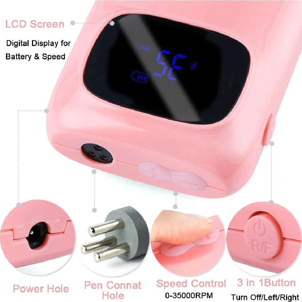 دستگاه سوهان برقی ناخن قابل حمل و شارژی، ست مانیکور و پدیکور برقی با کیفیت بالا، پولیش ناخن سالنی 35000 دور در دقیقه برای ناخن های ژلی آکریلیک، نمایشگر LCD، مشکی دستگاه سوهان برقی ناخن قابل حمل و شارژی، ست مانیکور و پدیکور برقی با کیفیت بالا، پولیش ناخن سالنی 35000 دور در دقیقه برای ناخن های ژلی آکریلیک، نمایشگر LCD، مشکی