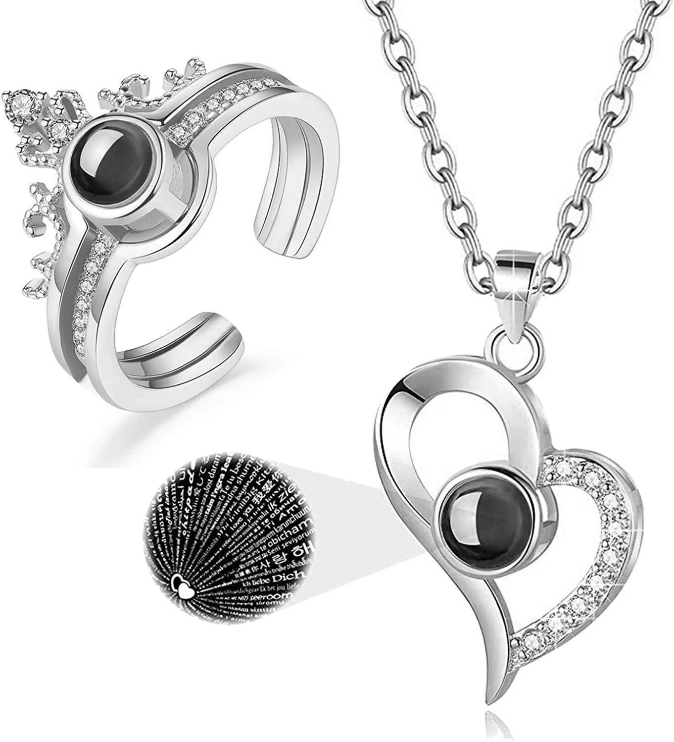 ست گردنبند و انگشتر زنانه با طرح «دوستت دارم» به 100 زبان مختلف