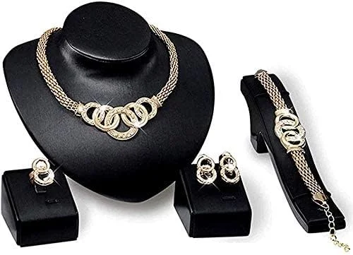 ست زیورآلات ۴ تکه شامل گردنبند، دستبند، انگشتر و گوشواره با کریستال های گرد - مناسب بانوان و دختران ست زیورآلات ۴ تکه شامل گردنبند، دستبند، انگشتر و گوشواره با کریستال های گرد - مناسب بانوان و دختران