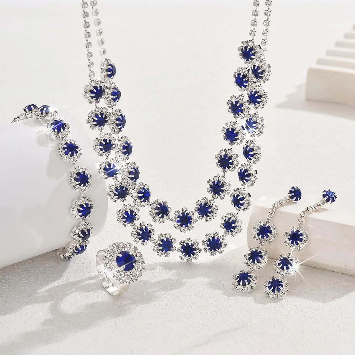 ست جواهرات گودرن، شامل گردنبند، گوشواره آویز، انگشتر و دستبند، ست جواهرات عروسی براق کریستالی، گردنبند چوکر الماس بدلیجات برای زنان و دختران - آبی
