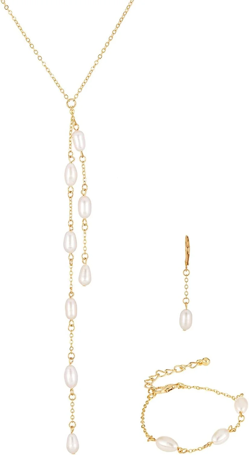 ست جواهرات زنانه شامل گردنبند، دستبند و گوشواره مرواریدی با روکش طلا آلوان - EE3867SETGP