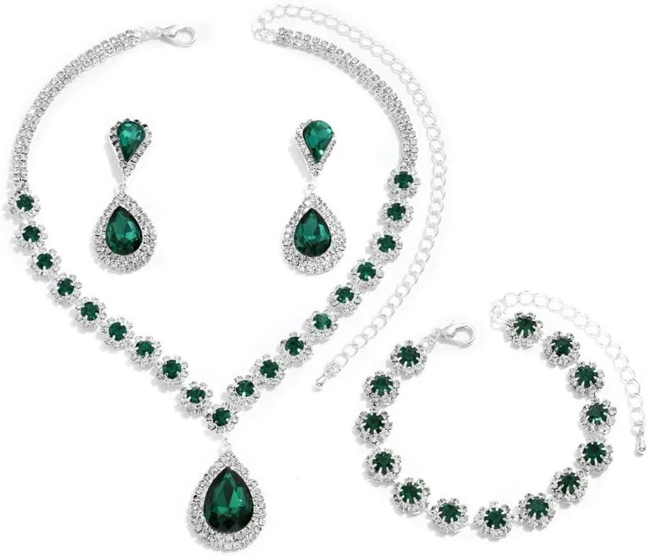 ست جواهرات زنانه، شیک و مجلسی، شامل گردنبند آویز، دستبند، گوشواره های نگین دار، مناسب هدیه