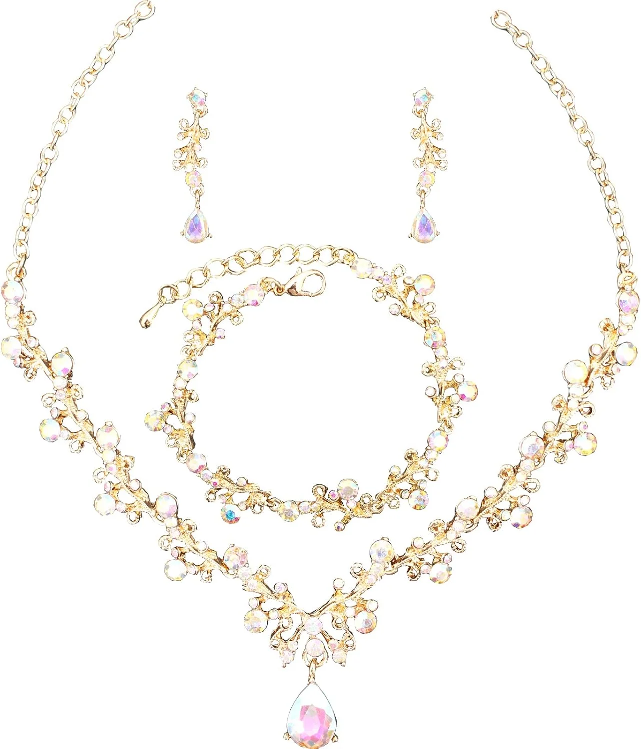 ست جواهرات ۳ تکه کریستال اتریشی زنانه، شامل گردنبند، گوشواره آویز و دستبند زنجیری با روکش طلا/پلاتین/فلز تفنگی، مناسب برای مهمانی عروسی و ساقدوش عروس