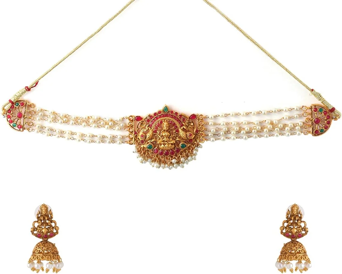 ست جواهرات زنانه Yellow Chimes | ست گردنبند چوکر طلایی با طرح قومی برای زنان | ست جواهرات معبد سنتی برای دختران | هدیه تولد برای دختران و زنان