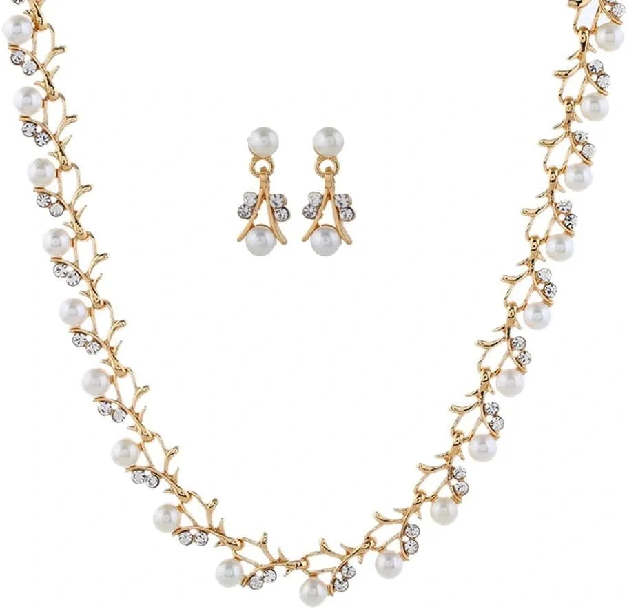 ست زیورآلات عروس با رنگ طلایی برای زنان، شامل گردنبند چوکر لوکس مرواریدی و گوشواره، مناسب لباس عروسی، ست گردنبند عروس، فشن