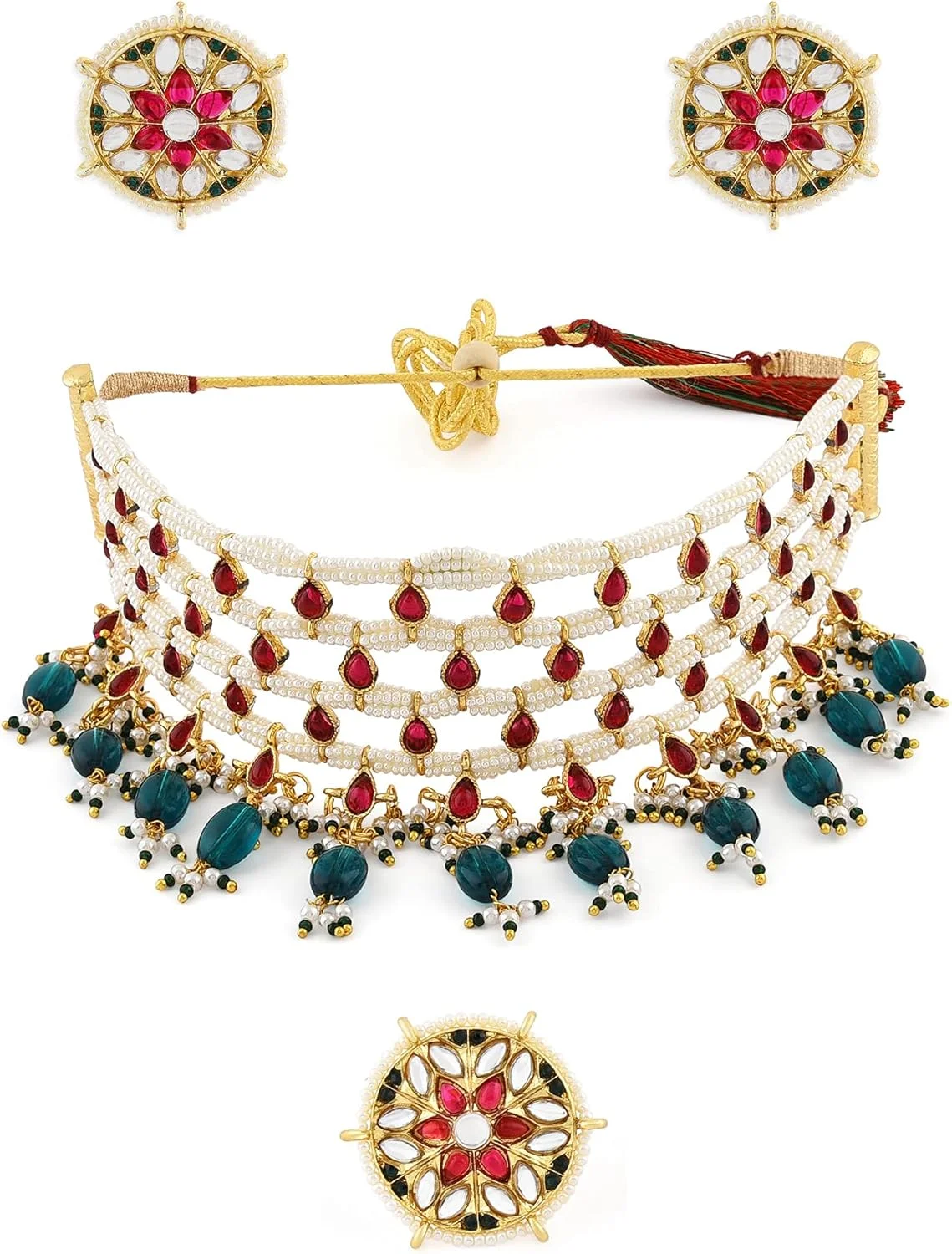 زیوری پرلز، ست گردنبند چوکر، گوشواره و انگشتر زنانه با نگین های صورتی کندان و مهره های سبز - ZPFK11071