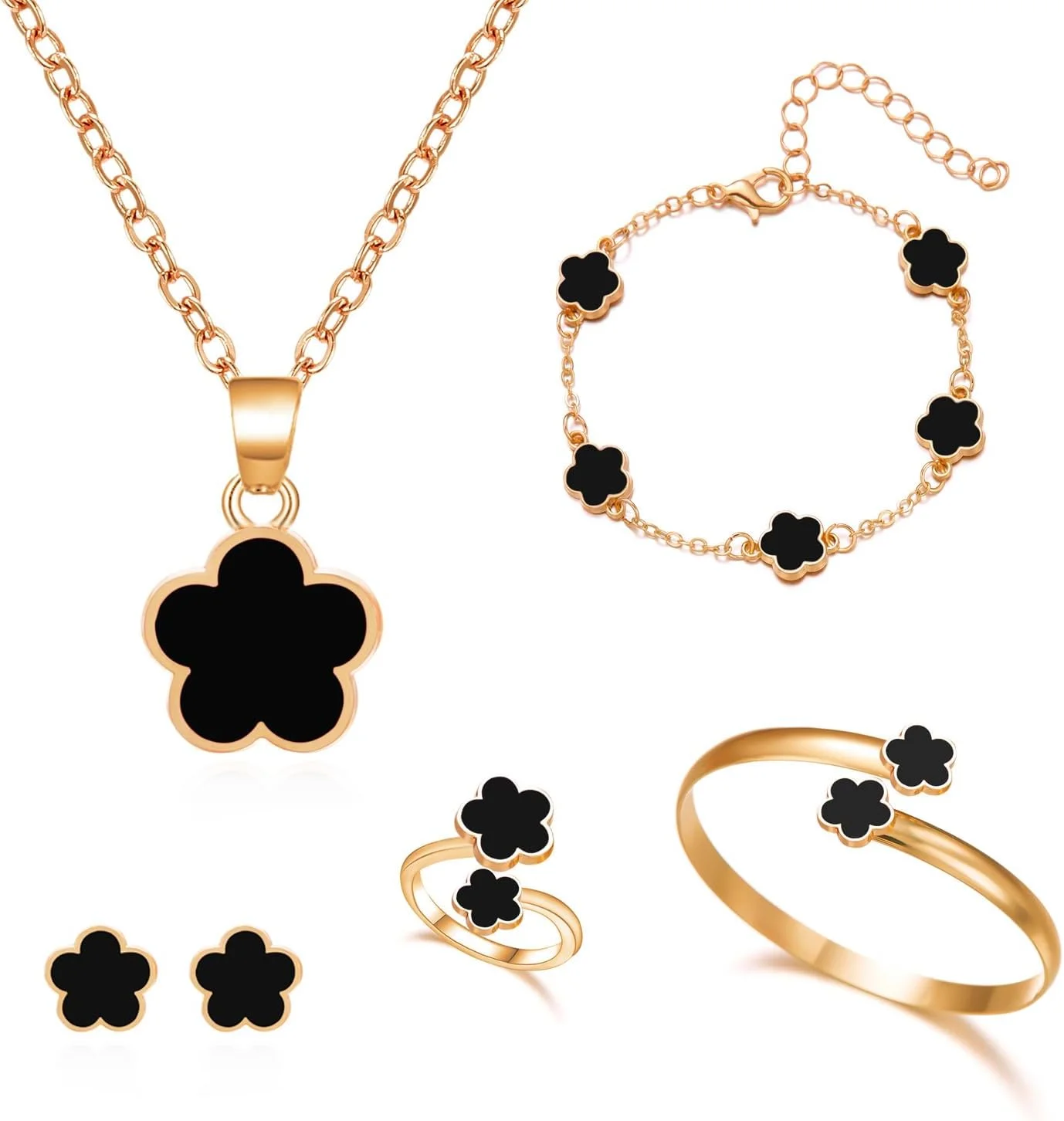 ست جواهرات شبدر پنج پر زنانه - گردنبند، دستبند، گوشواره و انگشتر با روکش طلای 18 عیار - ست آویز شبدر 5 پر خوش شانس در رنگ مشکی یا سفید - هدیه تولد برای مادر، دختر، خواهر