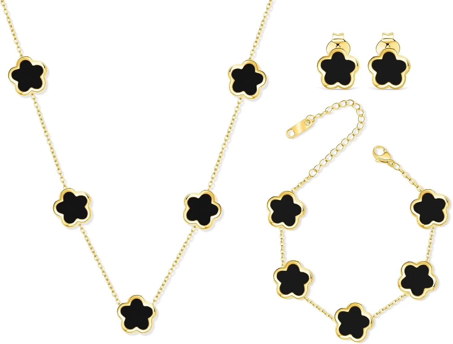 ست جواهرات شبدر پنج پر زنانه، روکش طلای 18 عیار، گردنبند و گوشواره 5 پر، گردنبند و گوشواره خوش شانسی برای مادر و دختر