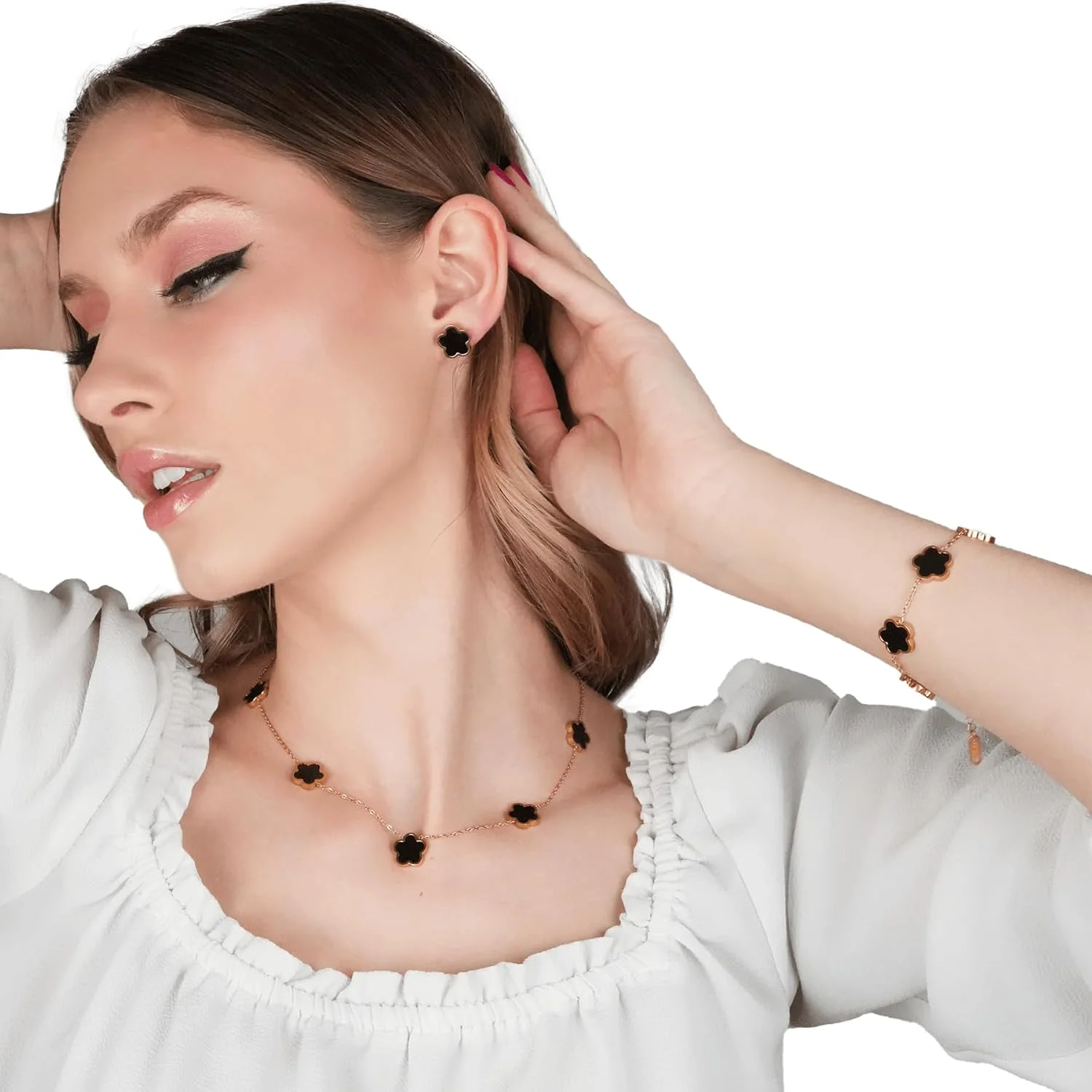 ست جواهرات شبدر پنج پر زنانه، روکش طلای 18 عیار، گردنبند و گوشواره 5 پر، گردنبند و گوشواره خوش شانسی برای مادر و دختر ست جواهرات شبدر پنج پر زنانه، روکش طلای 18 عیار، گردنبند و گوشواره 5 پر، گردنبند و گوشواره خوش شانسی برای مادر و دختر