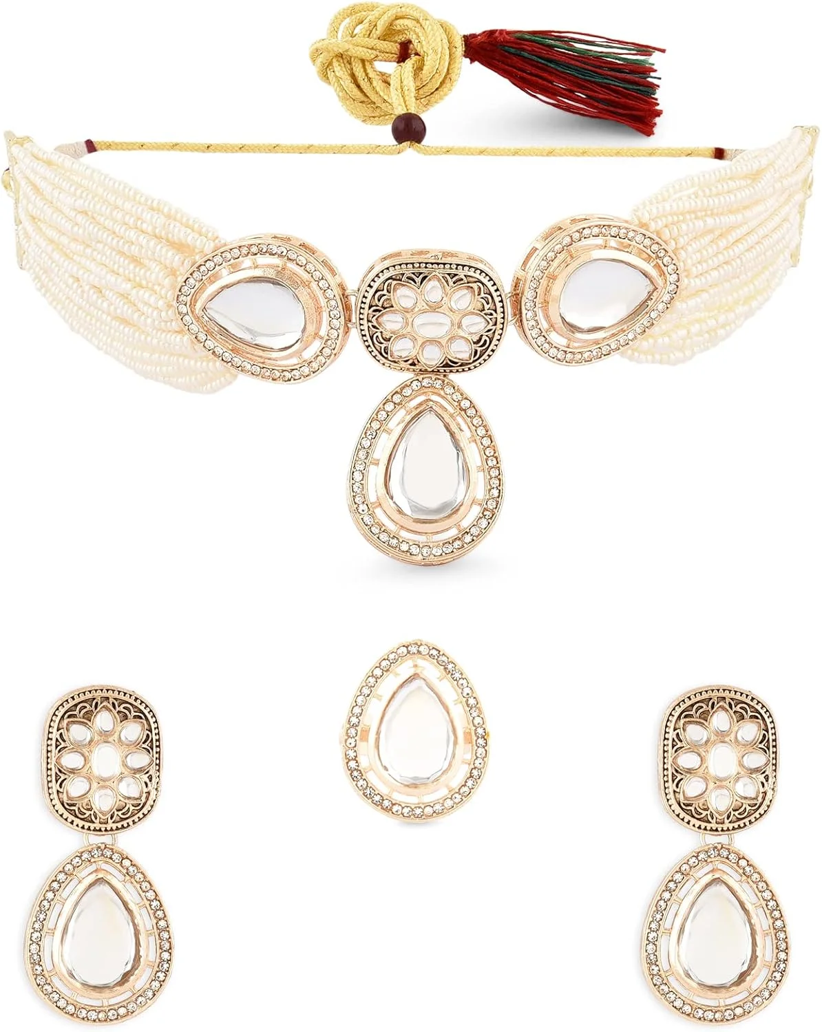 نیم ست گردنبند چوکر چند رشته ای، گوشواره و انگشتر زنانه با طرح نگین کاری شده