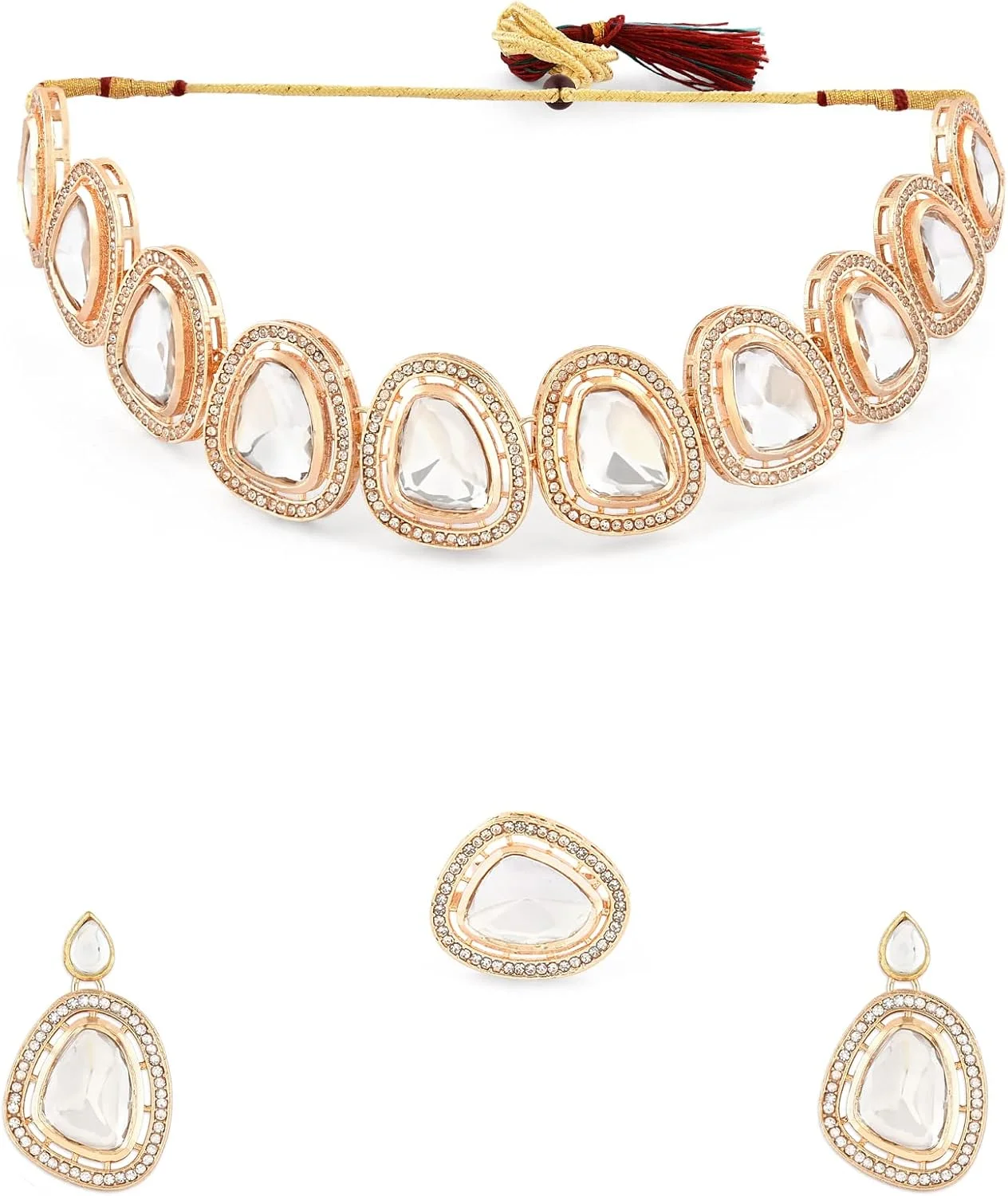 زیوری پیرلز ست گردنبند، گوشواره و انگشتر زنانه با طرح کندن و نگین های اتریشی - طلایی
