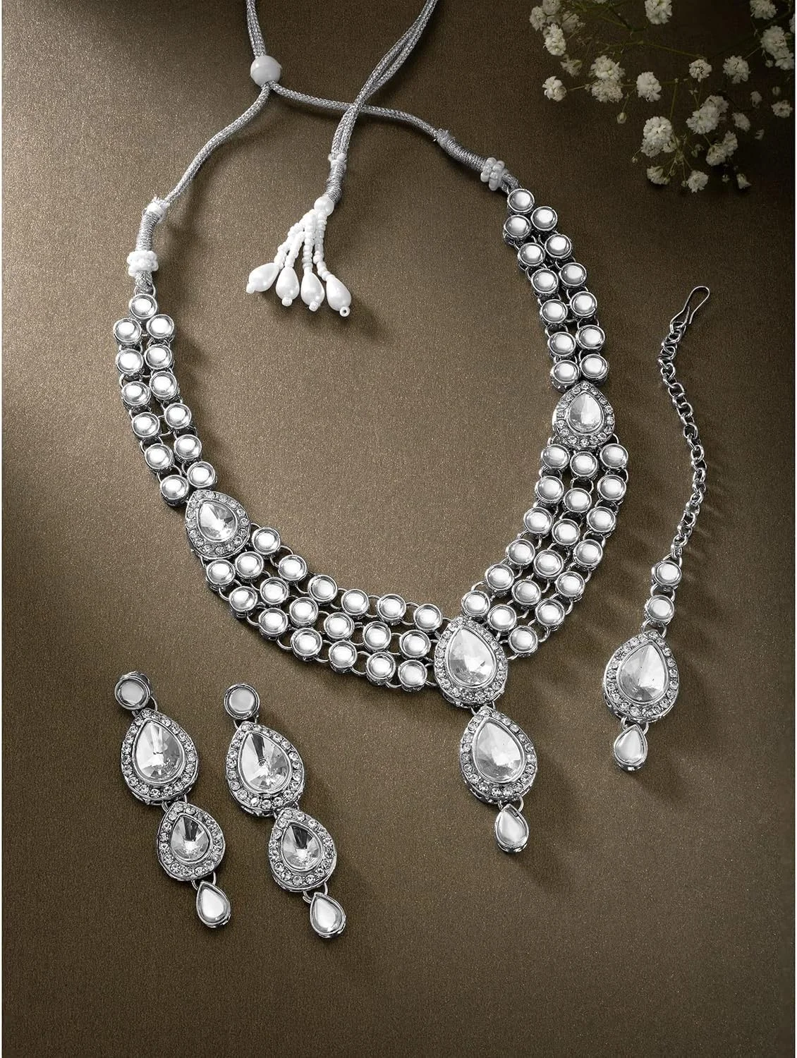 آهلی، ست گردنبند و گوشواره های میخی با نگین های مصنوعی طلایی رنگ، مناسب مهمانی و عروسی، جواهرات مد روز بالیوودی هندی برای بانوان