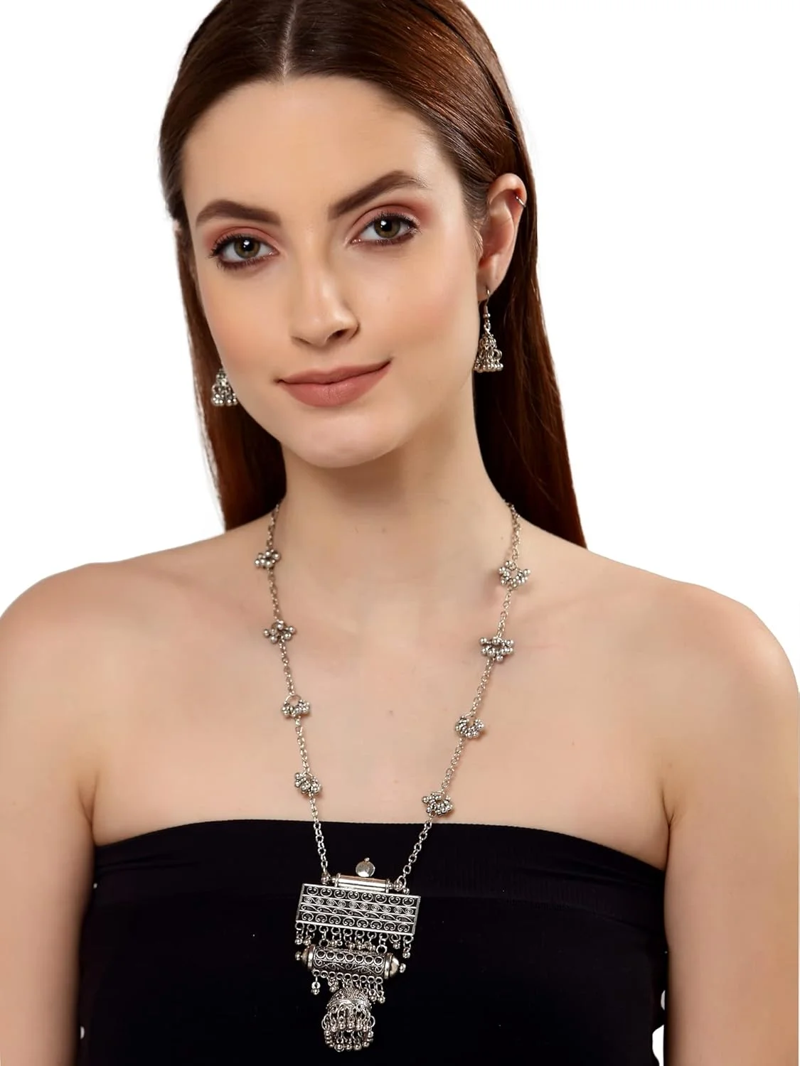 ست جواهرات گردنبند نقره ای اکسیدایز شده شیک و جدید زنانه ست جواهرات گردنبند نقره ای اکسیدایز شده شیک و جدید زنانه