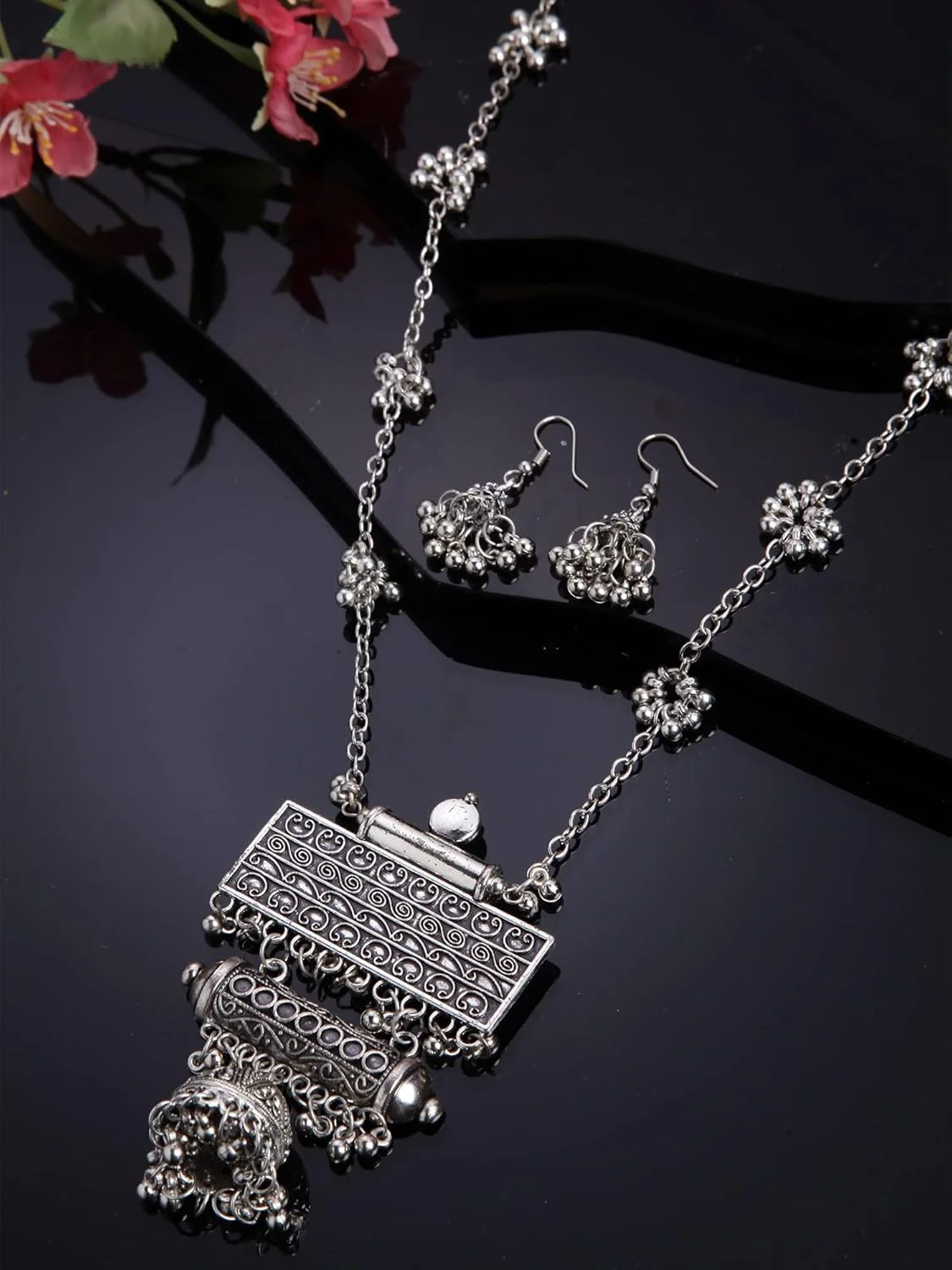 ست جواهرات گردنبند نقره ای اکسیدایز شده شیک و جدید زنانه ست جواهرات گردنبند نقره ای اکسیدایز شده شیک و جدید زنانه