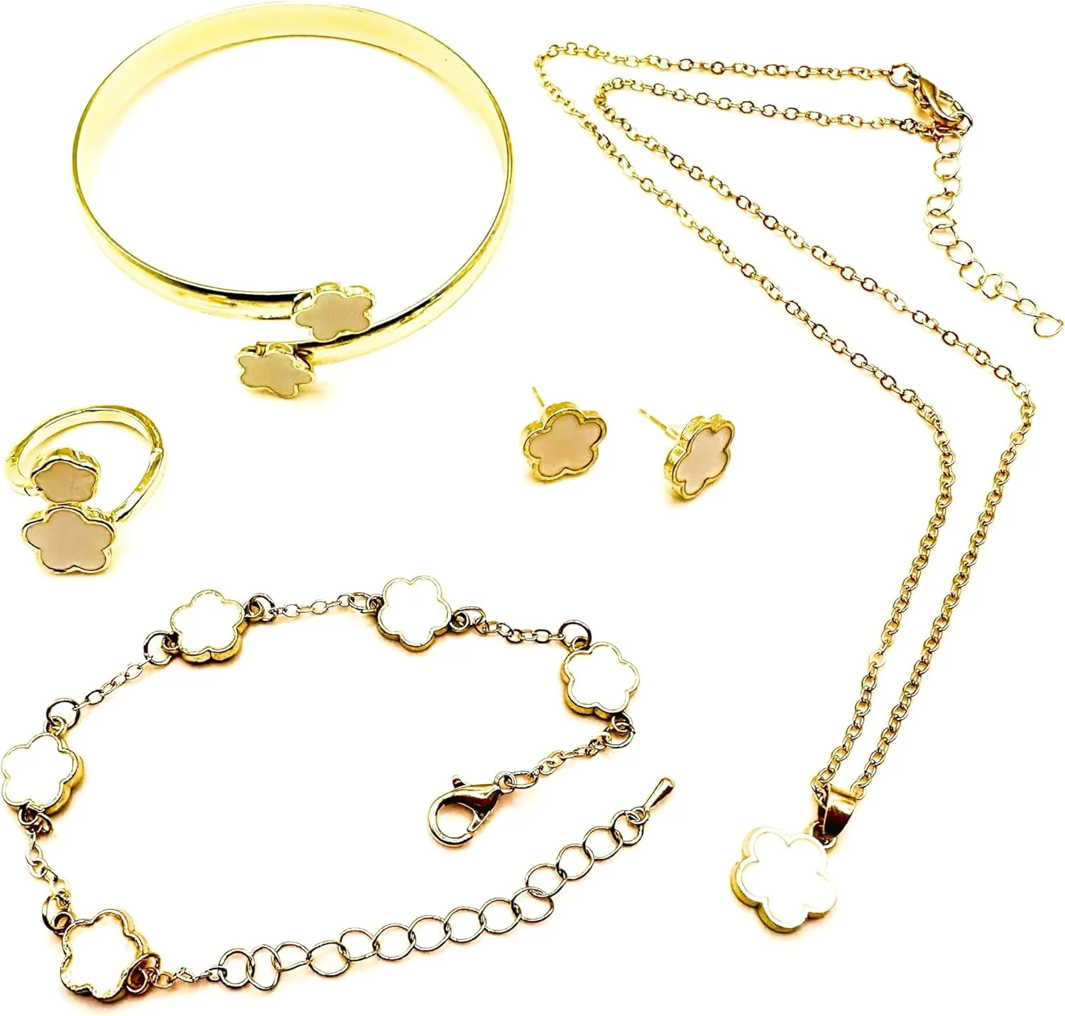 ست زیورآلات شبدر زنانه با جعبه - گردنبند، گوشواره، دستبند، النگو و انگشتر با آویز شبدر چهار و پنج پر - طلسم خوش شانسی هدیه ای عالی برای زنان و دختران