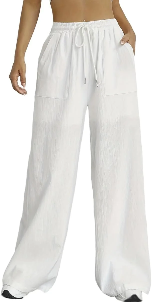 شلوار گشاد تابستانی Nuofengkudu، شلوار زنانه تابستانی، جیب های سبک، بند کشی، کشی، گشاد، شلوار یوگا بلند، شلوار اوقات فراغت، راحت، خنک، شلوار اسلیپ‌آن، پالازو ریلکسیشن