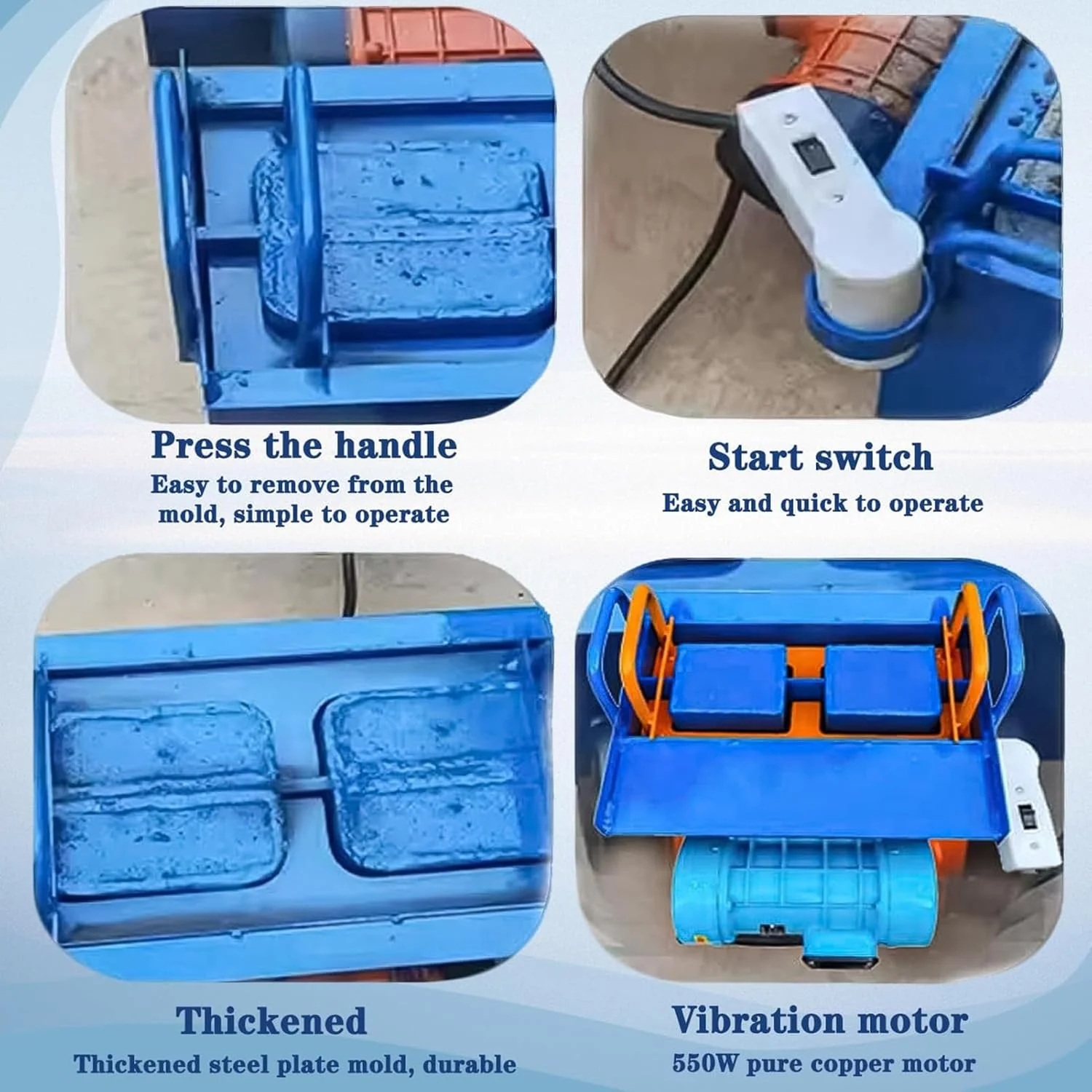 دستگاه پرس بلوک سیمانی برقی کوچک، دستگاه ساخت بلوک سیمانی، 30 آجر در ساعت، قابل حمل و کارآمد، سازنده آجر DIY، شکل دهی سریع 45 ثانیه ای با موتور 550 وات (H1) دستگاه پرس بلوک سیمانی برقی کوچک، دستگاه ساخت بلوک سیمانی، 30 آجر در ساعت، قابل حمل و کارآمد، سازنده آجر DIY، شکل دهی سریع 45 ثانیه ای با موتور 550 وات (H1)