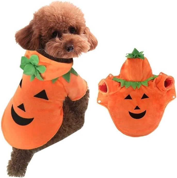 لباس هالووین سگ طرح کدو تنبل، لباس حیوانات خانگی، لباس گرم پاییزی و زمستانی سگ، هودی پشمی، لباس خنده دار حیوانات خانگی برای جشنواره (کدو تنبل A01، سایز کوچک)