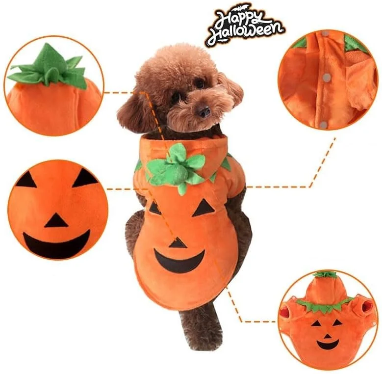 لباس هالووین سگ طرح کدو تنبل، لباس حیوانات خانگی، لباس گرم پاییزی و زمستانی سگ، هودی پشمی، لباس خنده دار حیوانات خانگی برای جشنواره (کدو تنبل A01، سایز کوچک)