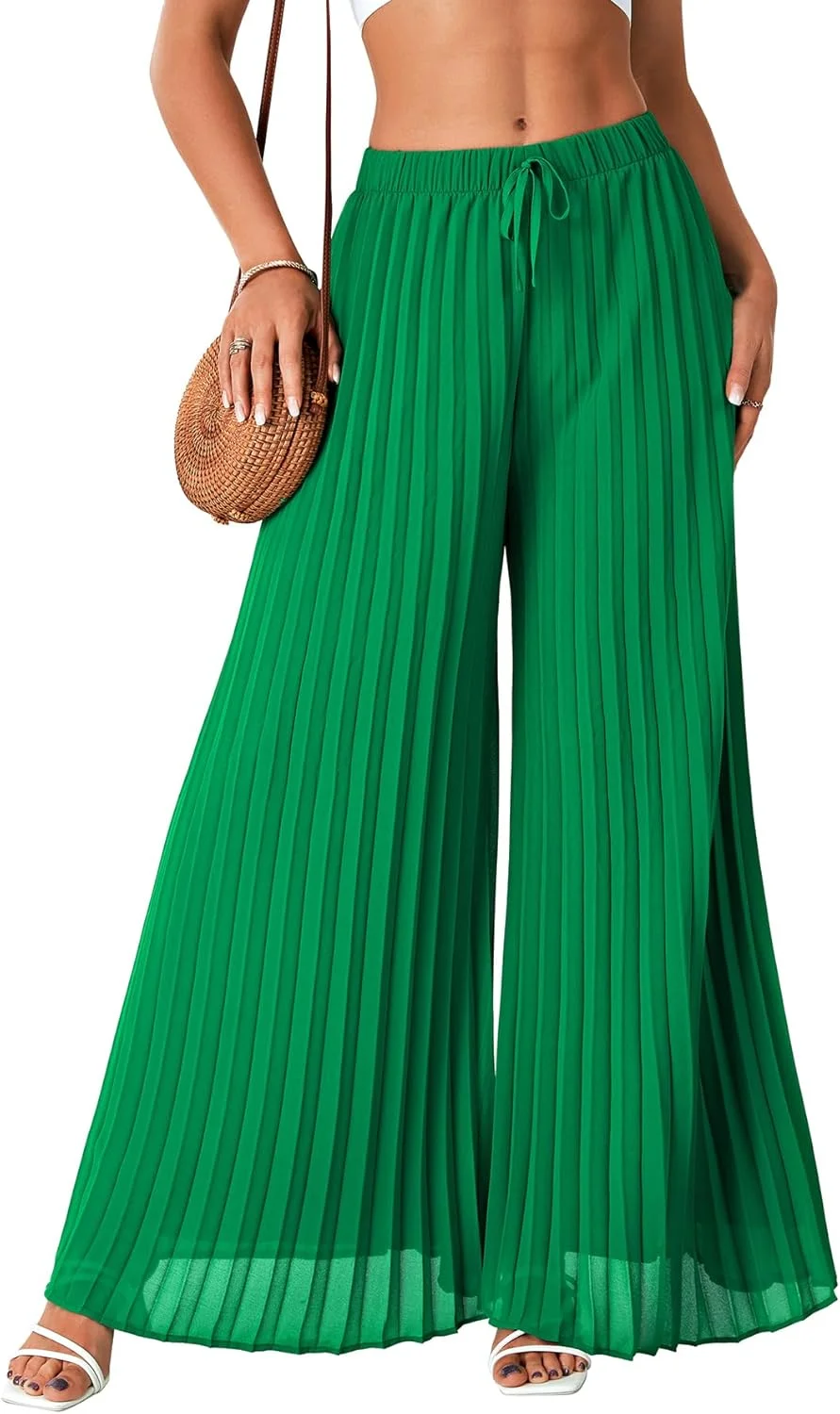 شلوار پلیسه ای زنانه OPOIPIN، پاچه گشاد، کمر بلند، گشاد و راحت