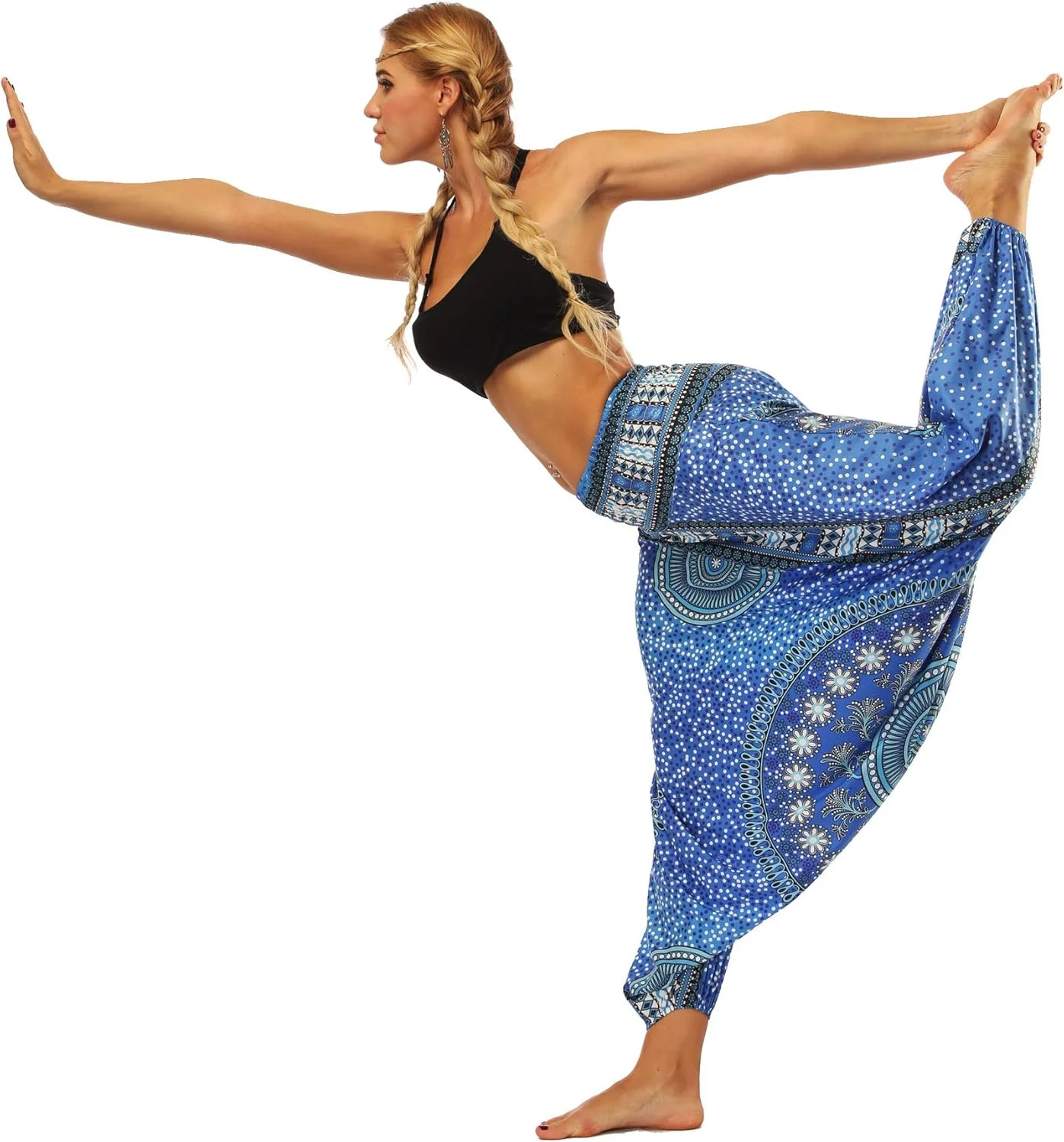 شلوار یوگا زنانه، کمر بلند، گشاد، طرح بوهو، مناسب باشگاه (آبی)