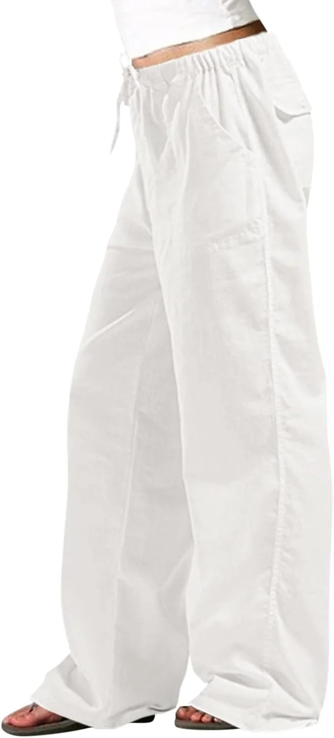 شلوار کتان زنانه، رنگ ثابت، کمر کشی، بند دار، پاچه های راسته، راحت، مناسب استراحت، دارای جیب