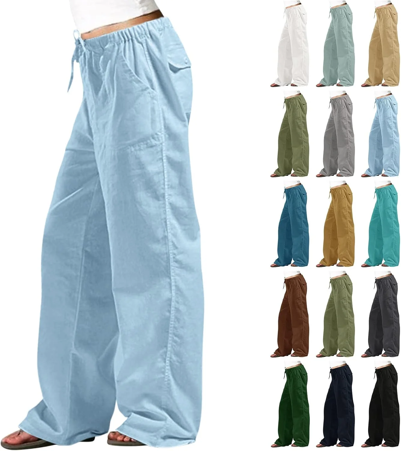 شلوار کتان زنانه، رنگ ثابت، کمر کشی، بند دار، پاچه های راسته، راحت، مناسب استراحت، دارای جیب