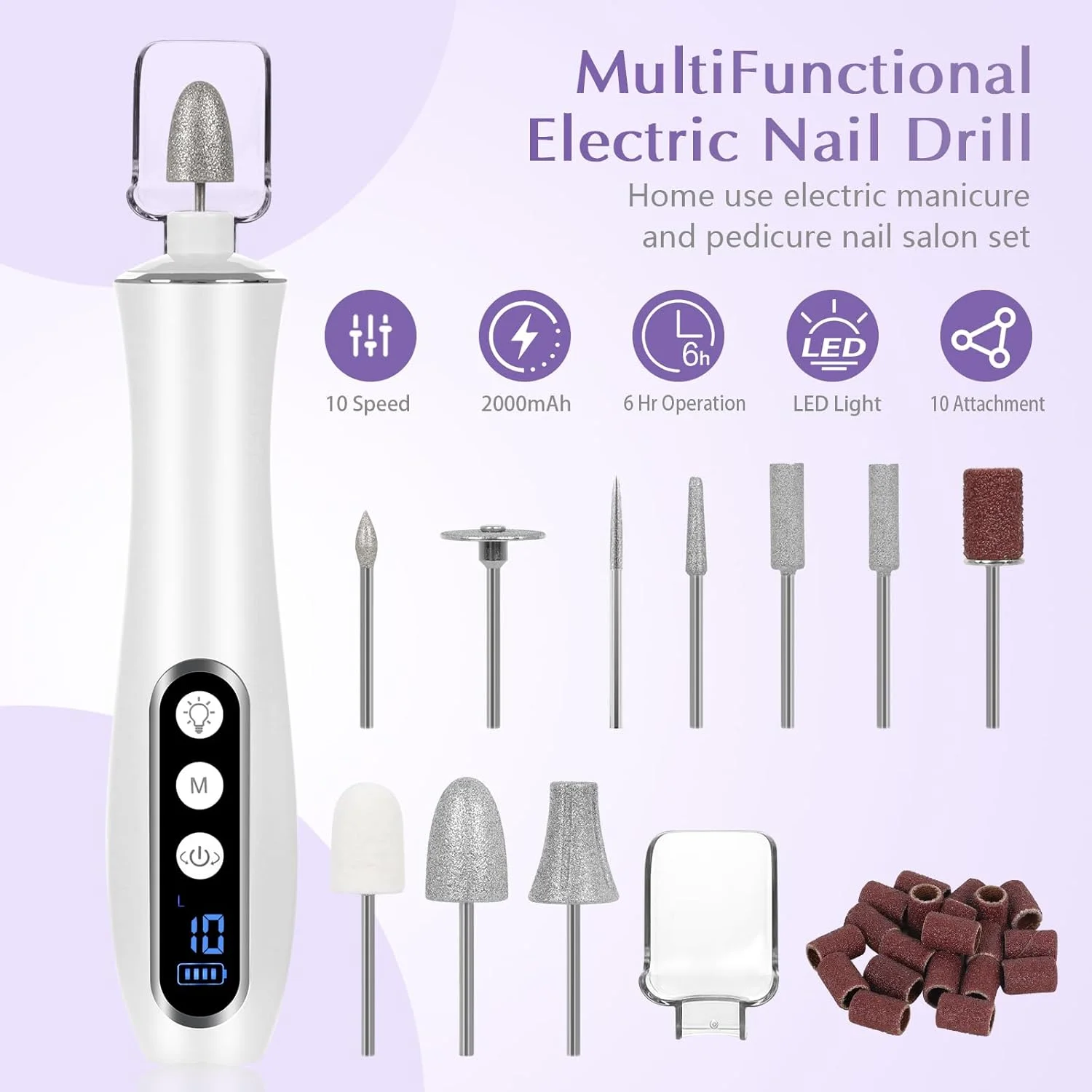 دستگاه سوهان برقی ناخن بی سیم، فایل ناخن برقی 10 سرعته با چراغ LED 360 درجه و صفحه نمایش LCD، فایل ناخن حرفه ای قابل شارژ 2000 MAh، ست مانیکور پدیکور برای زنان، مردان، ناخن ضخیم، ناخن پا، کوتیکول