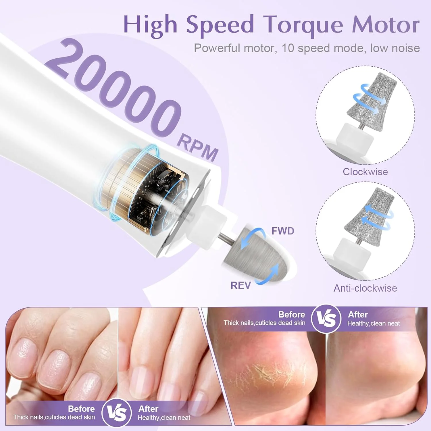 دستگاه سوهان برقی ناخن بی سیم، فایل ناخن برقی 10 سرعته با چراغ LED 360 درجه و صفحه نمایش LCD، فایل ناخن حرفه ای قابل شارژ 2000 MAh، ست مانیکور پدیکور برای زنان، مردان، ناخن ضخیم، ناخن پا، کوتیکول