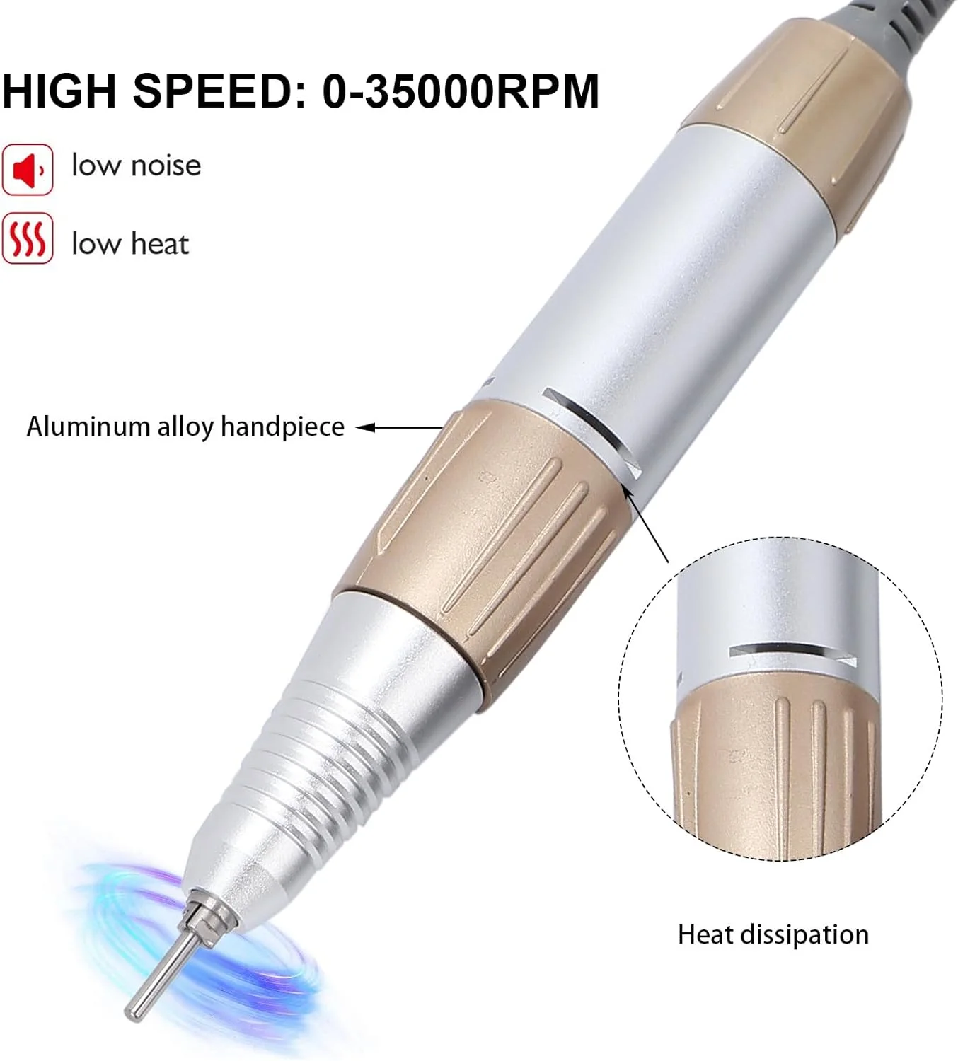 دسته فرز ناخن Akozon، لوازم جانبی ماراتن دسته دریل برقی ناخن، طلایی، کم صدا، حرارت پایین
