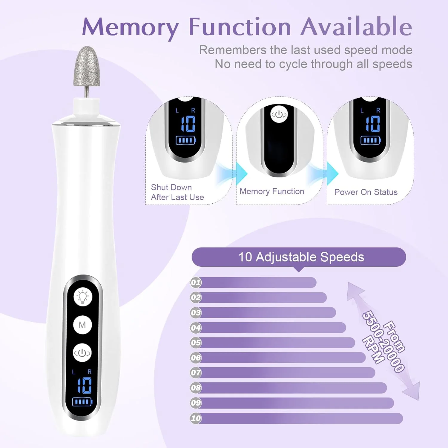 دستگاه سوهان برقی ناخن بی سیم، فایل ناخن برقی 10 سرعته با چراغ LED 360 درجه و صفحه نمایش LCD، فایل ناخن حرفه ای قابل شارژ 2000 MAh، ست مانیکور پدیکور برای زنان، مردان، ناخن ضخیم، ناخن پا، کوتیکول